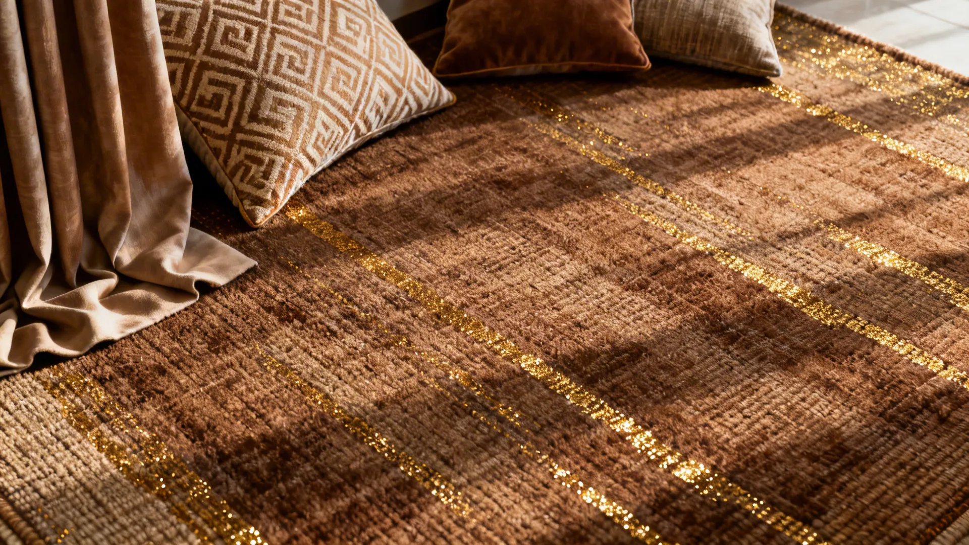 Brown rug with gold stripes plus patterned pillows and a soft brown floor length curtain