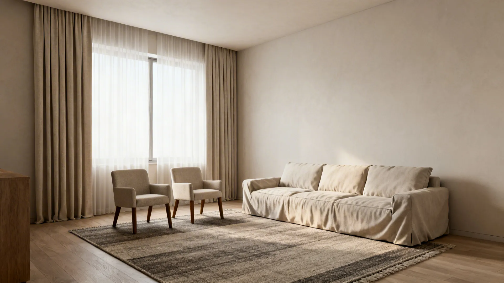 Ceiling-height curtains, a large neutral rug, and a slipcovered sofa in a small living room.