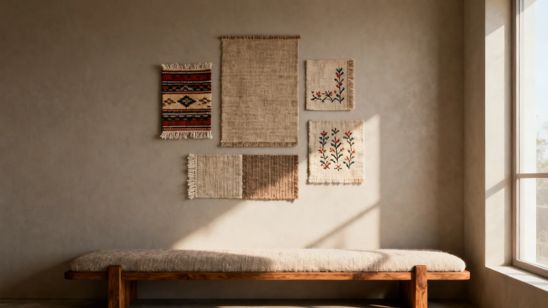 Wall-hung kilim panel and embroidered textile fragments adding warmth and texture.