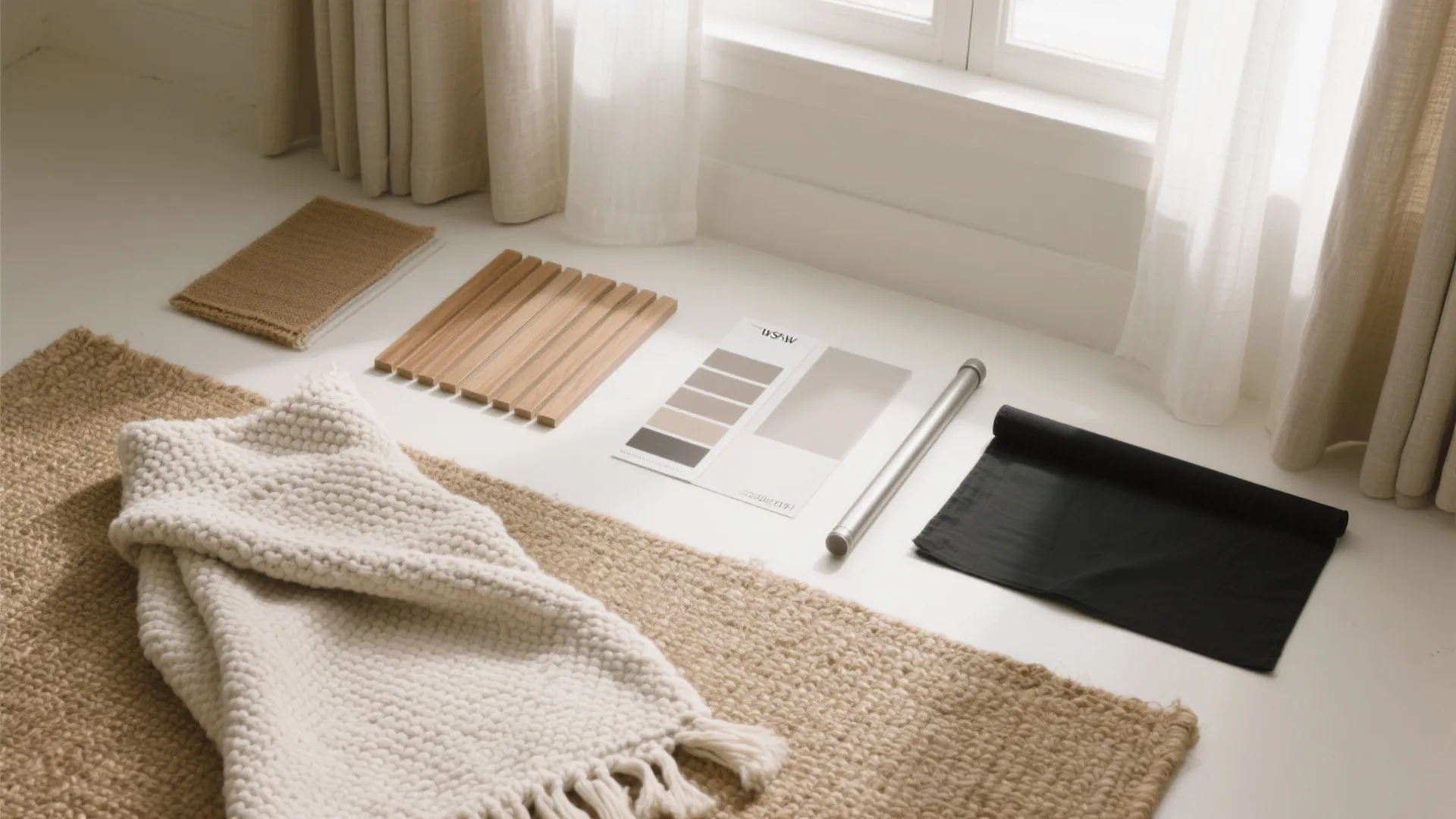 Interior design material samples including neutral rug wood slats color palette and black fabric roll