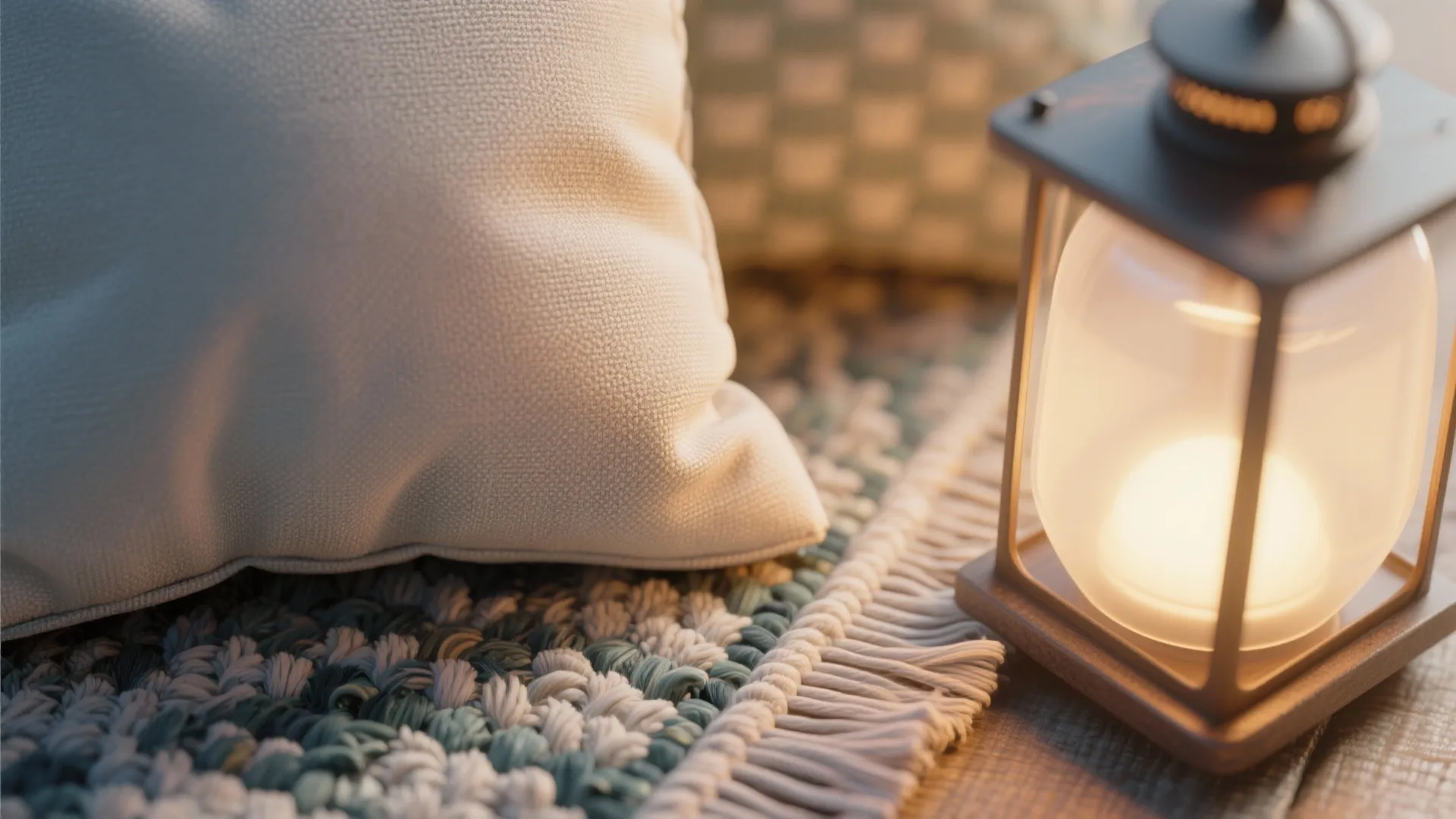 Soft layering: outdoor textiles, warm lighting, and acoustic calm