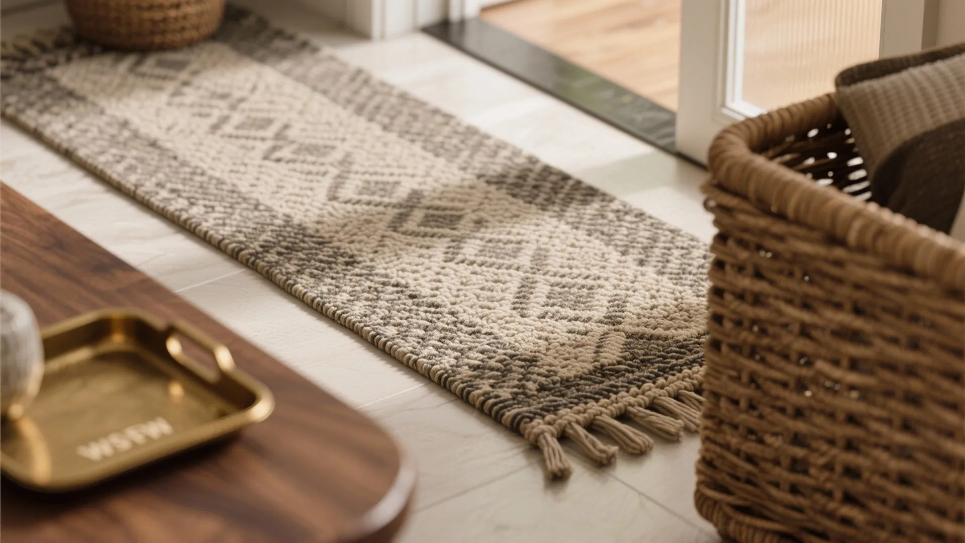 Textured woven runner rug on light floor next to wooden table and large wicker storage basket