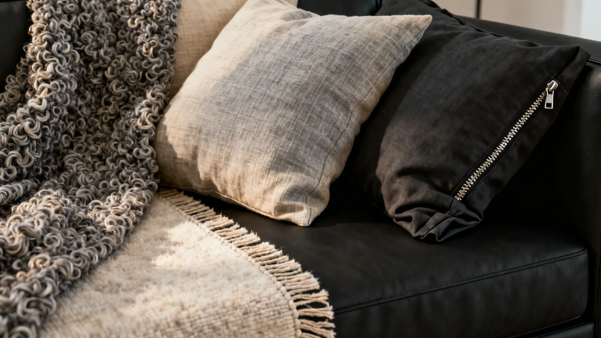 Close-up of boucle throw and linen cushions on a black sofa showing texture and removable covers.