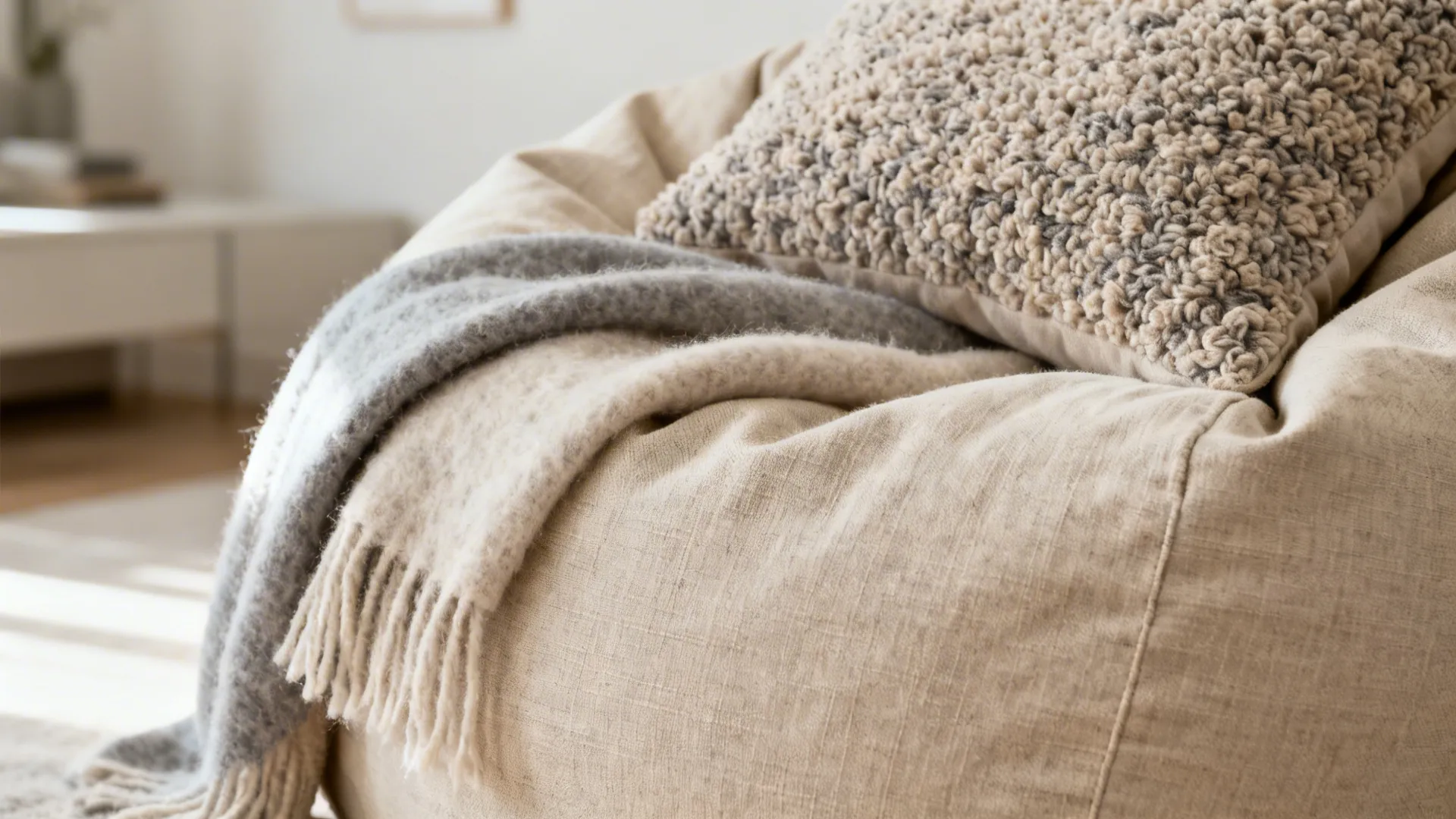 Close-up of a canvas bean bag with a wool throw and bouclé cushion showing rich textures.