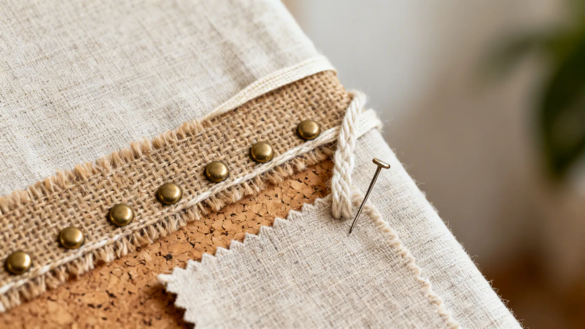 Close up of fabric swatches pinned to cork board with brass studs and white string