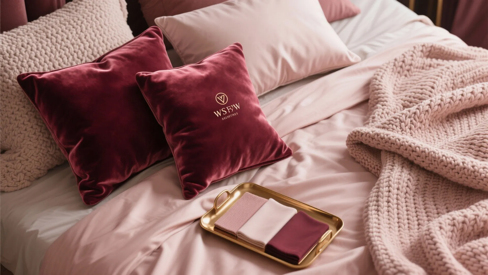 Top-down view of velvet, satin and chunky knit textiles arranged as a romantic bedding flatlay.