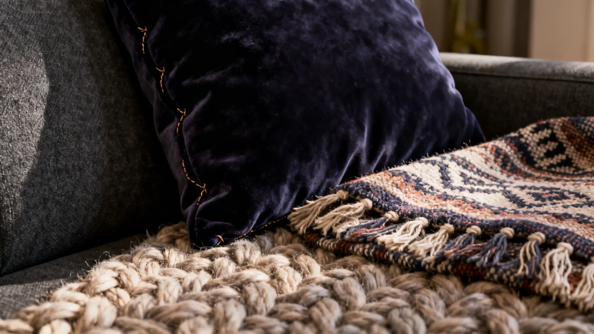 Close-up of dark grey sofa with navy velvet cushion and chunky wool rug textures