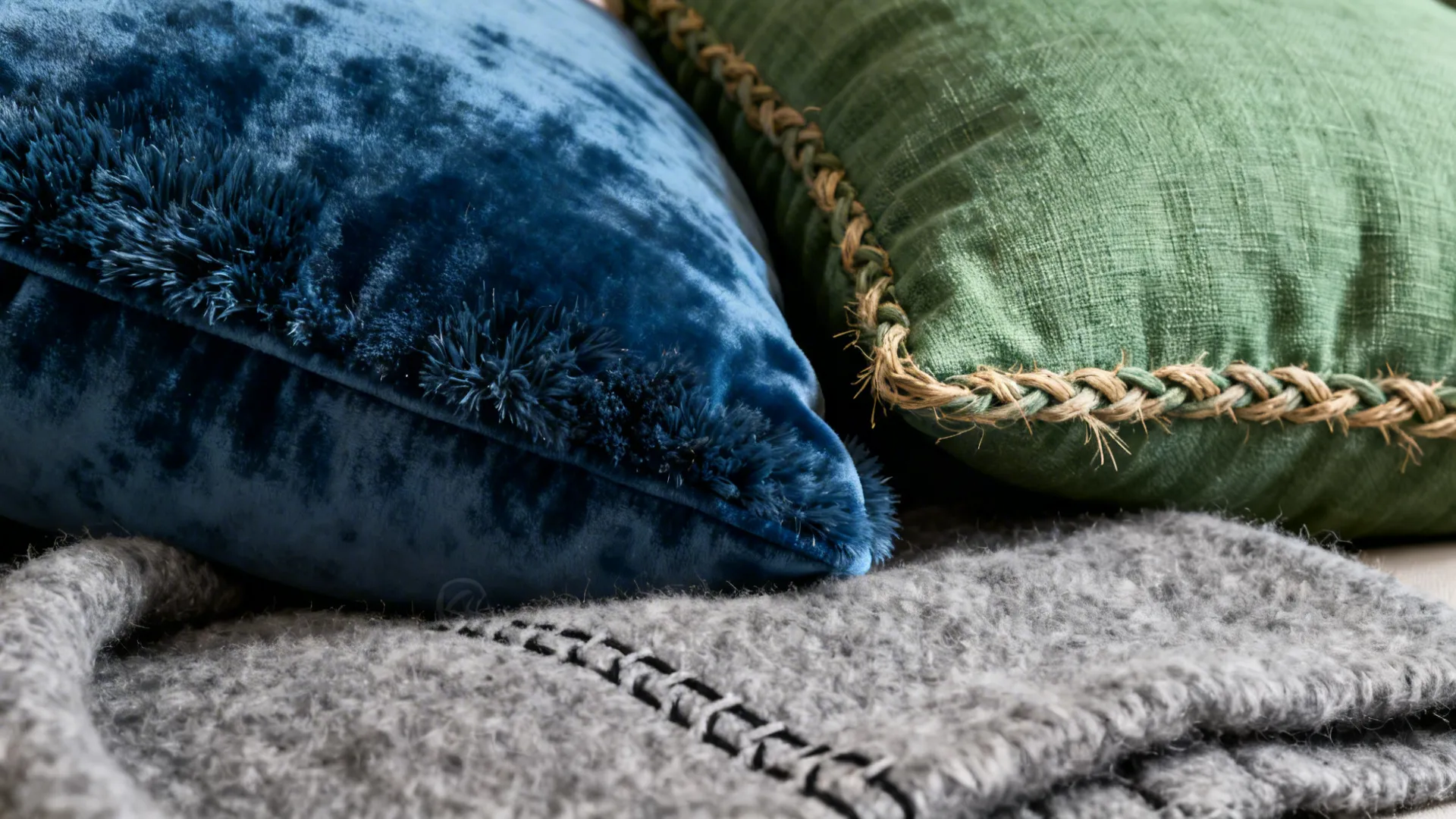 3. Layered Textures: Blue Velvet, Green Linen, Grey Wool