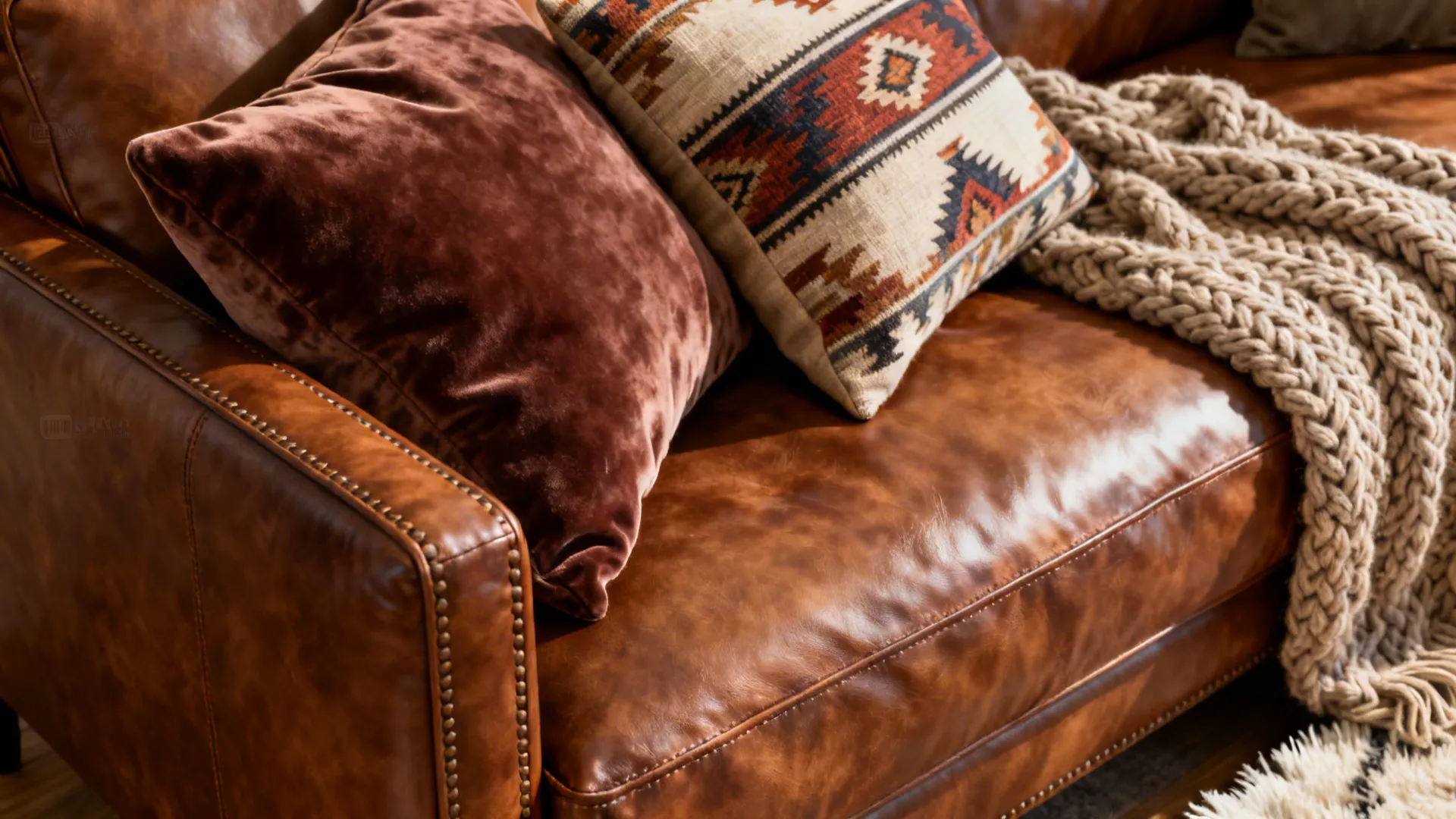 Close-up of a brown leather couch with velvet cushions, kilim pillow and chunky knit throw.