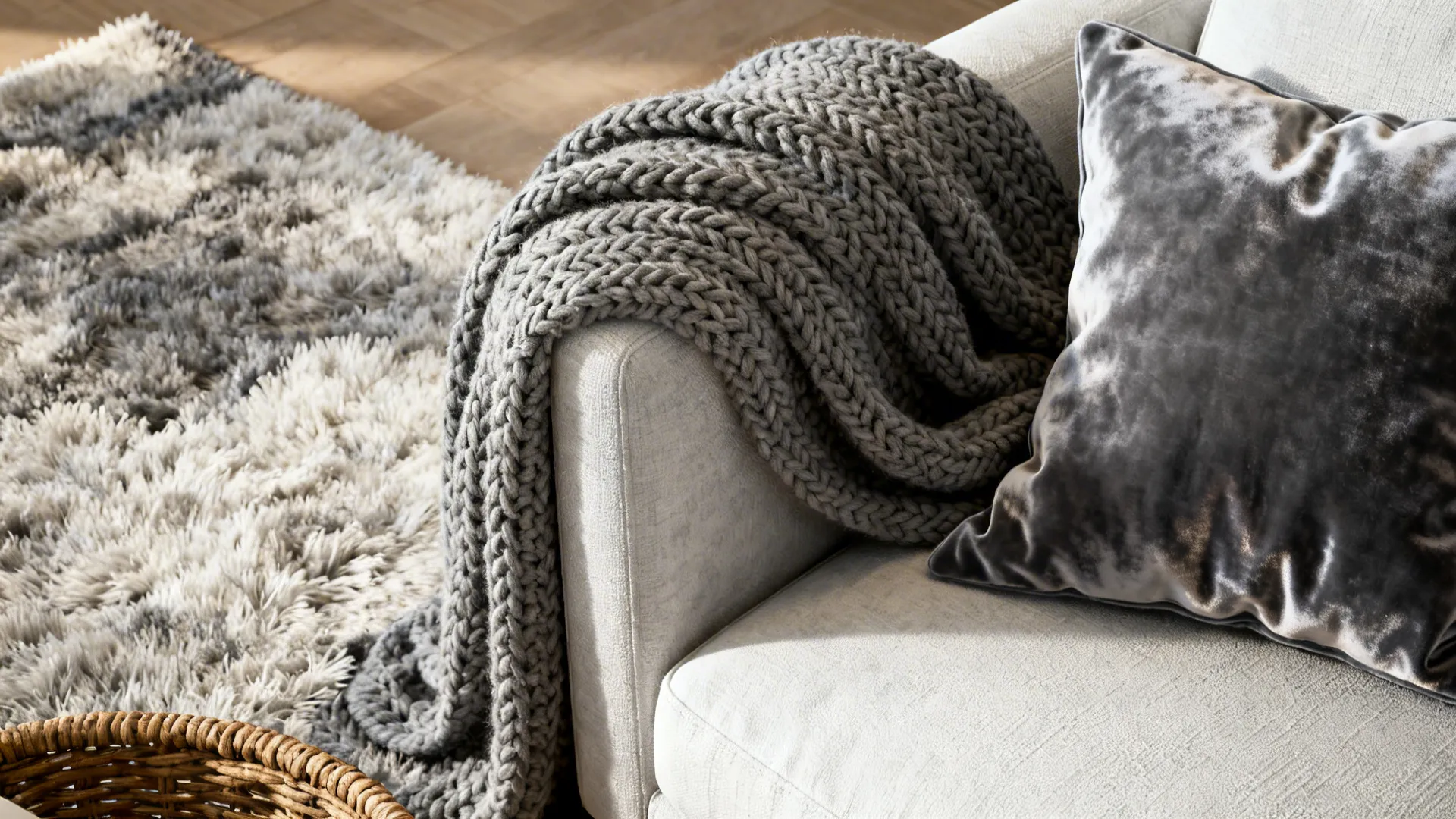 2. Layered Textures: Plush Rugs, Knit Throws, and Velvet Cushions