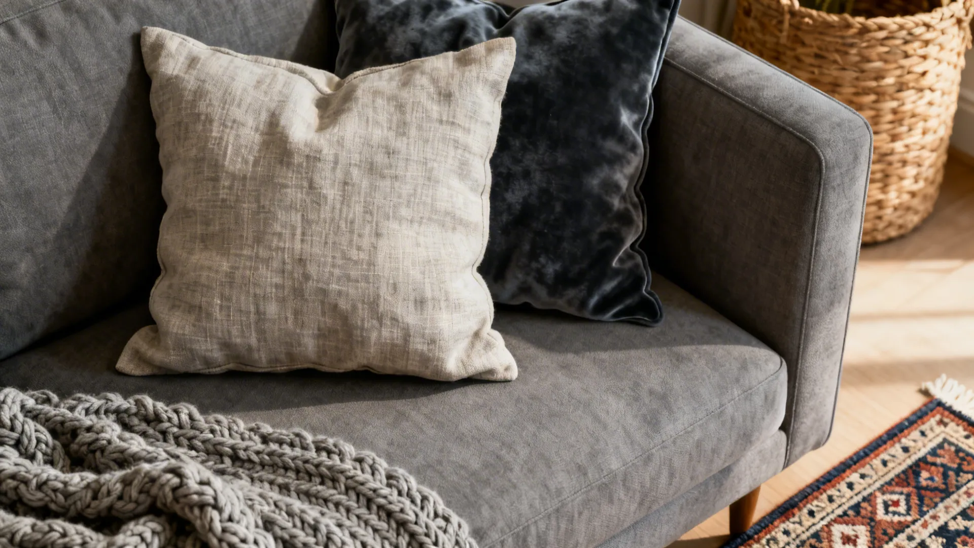 Layered cushions and throws on a grey sofa showing linen, velvet and knit textures
