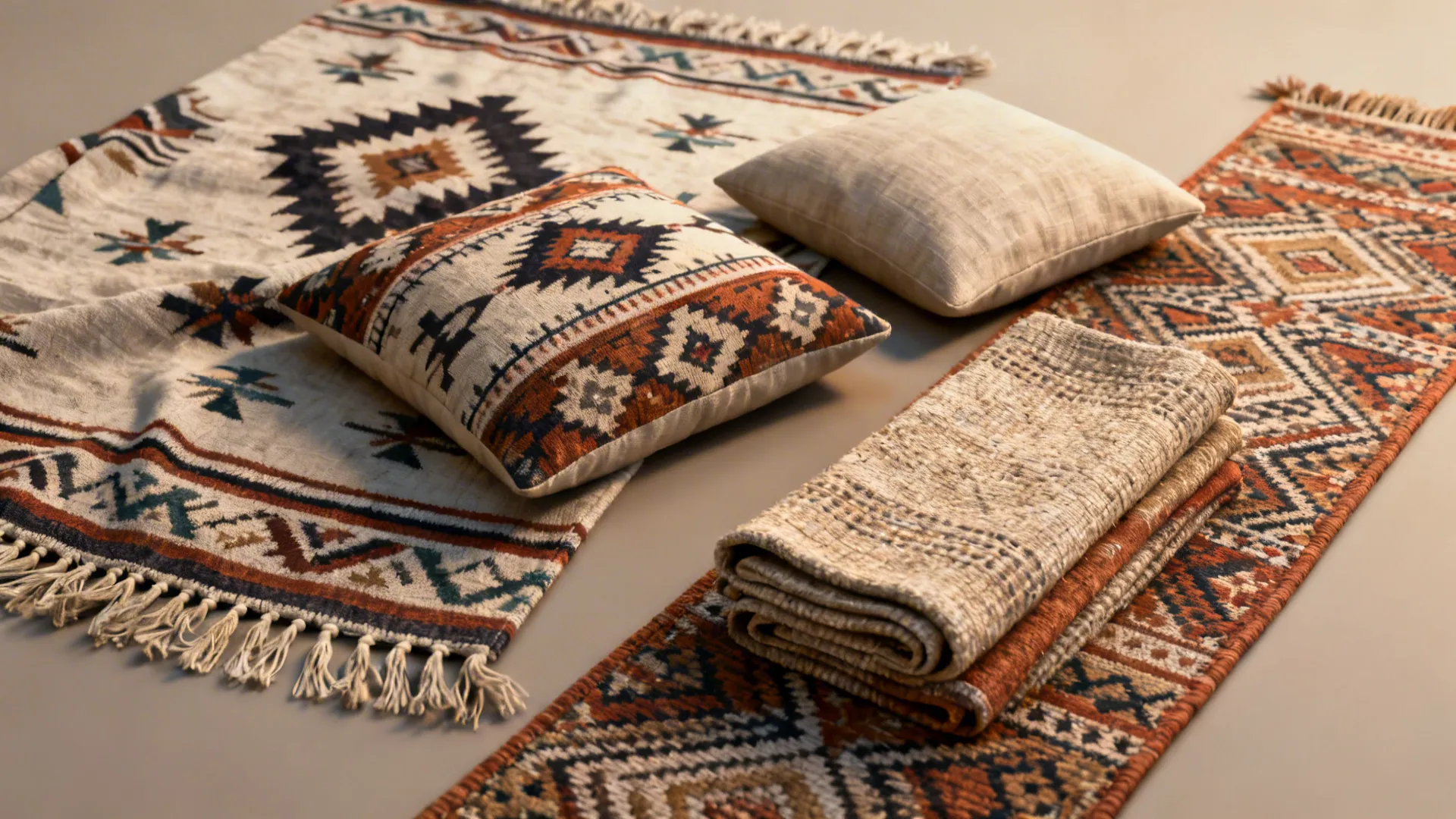 Flatlay of interior design textiles including tribal patterned rugs pillows and folded earthy colored fabrics