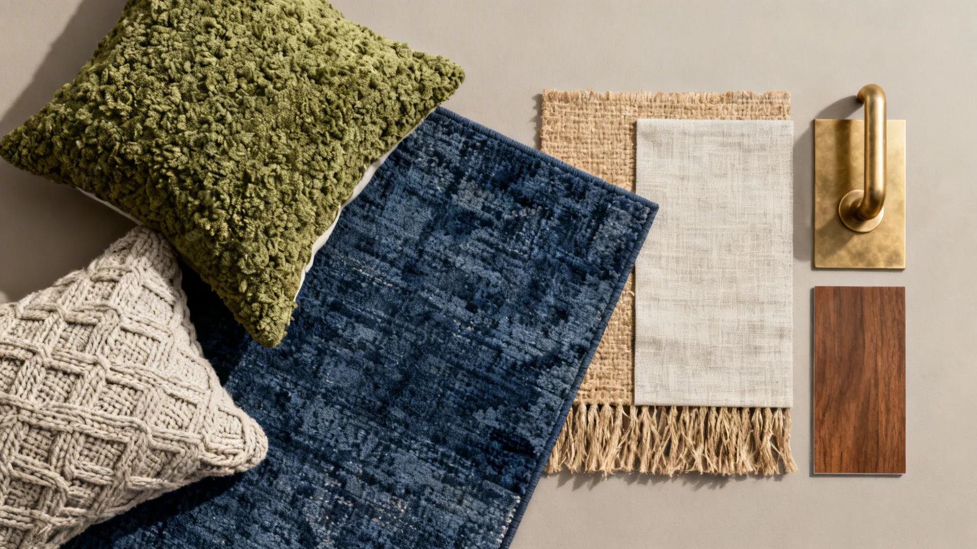 Flatlay of olive pillows, navy rug sample, linen and jute swatches with brass and wood samples.