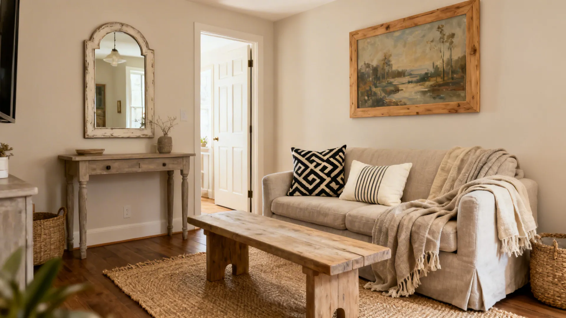 Small living room with layered textiles, jute rug, repurposed mirror, and reframed art for a cohesive look.