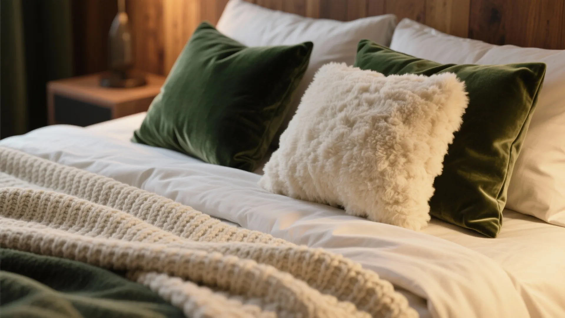 White bed with green velvet pillows and a fluffy white pillow next to knitted blanket