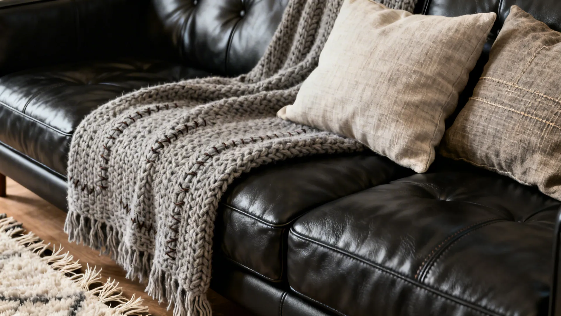 Knitted throw and linen cushions layered on a black leather sofa, close-up