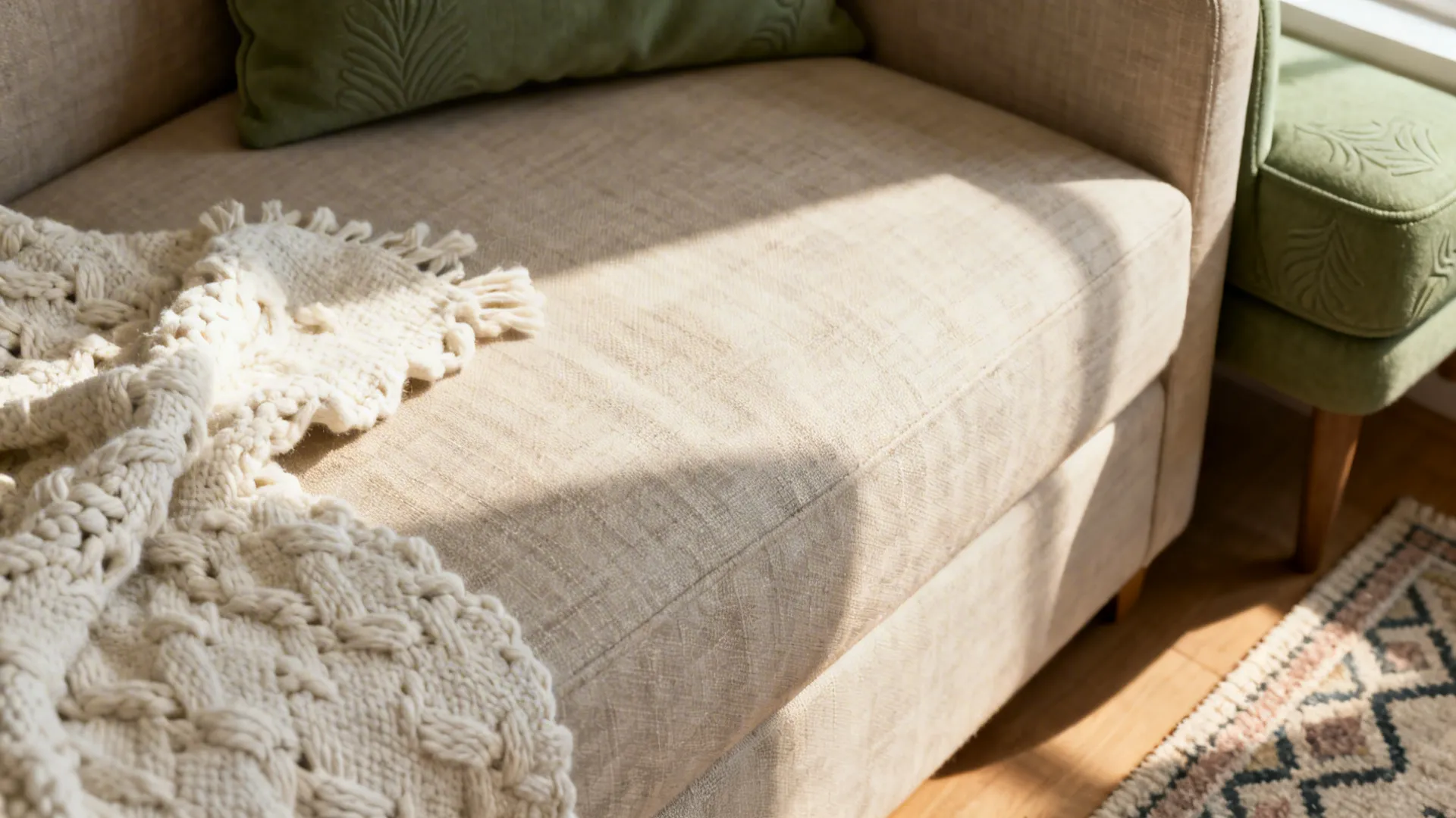 Close-up of neutral linens, textured throw and patterned rug showing layered accents.