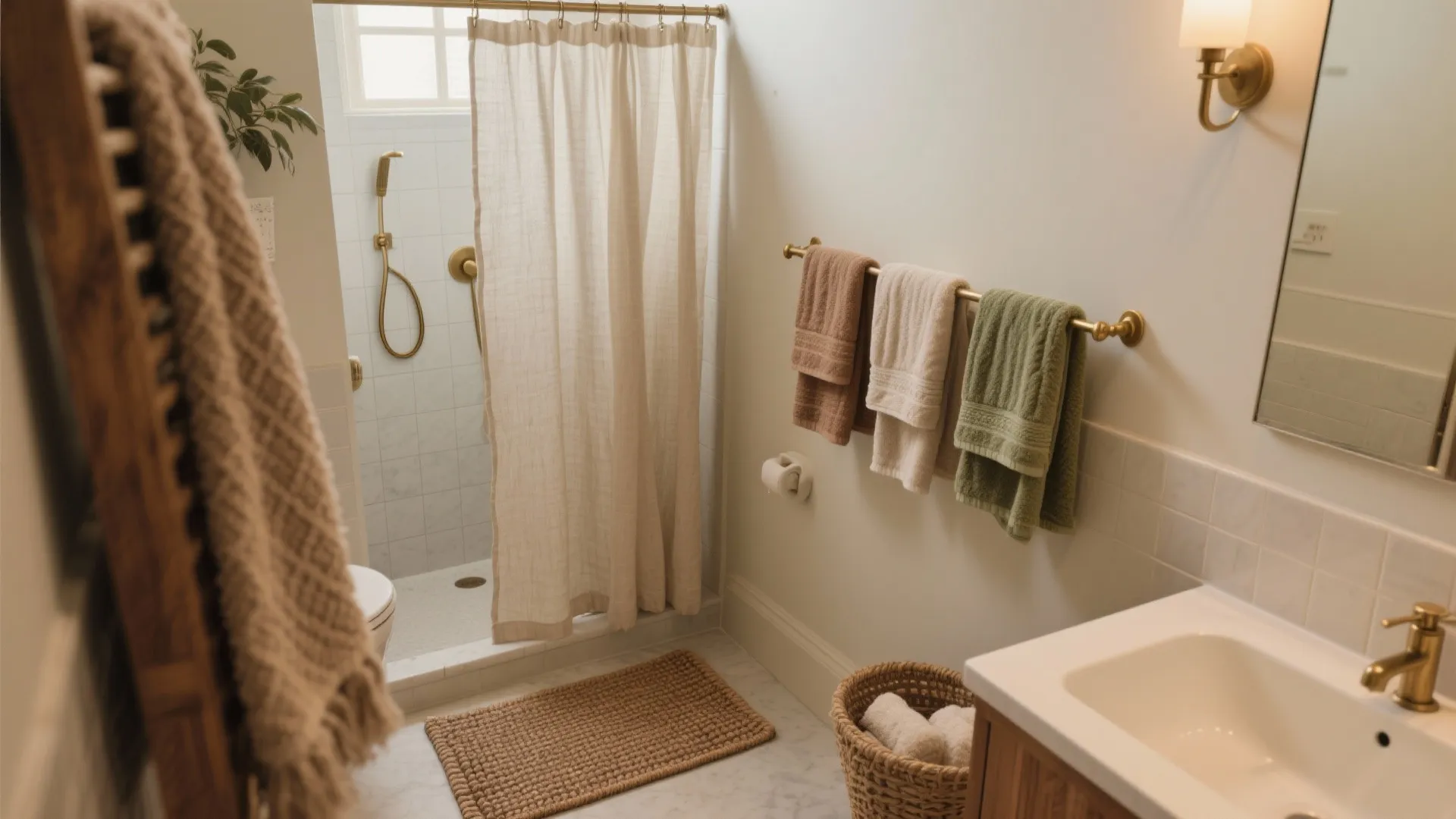 Layered bath textiles with a plush mat, woven runner, and waffle towels in a tiny bathroom.