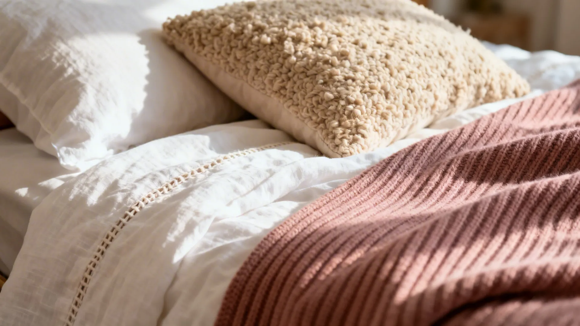 Close-up of linen duvet, boucle pillow, and dusty rose ribbed throw in soft daylight.
