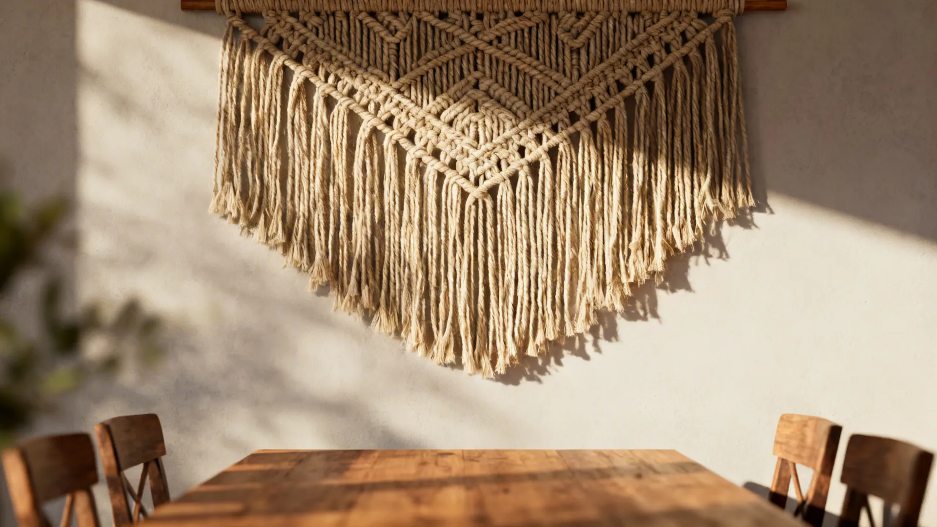 Close-up of a woven macramé wall hanging showing detailed fiber texture above a dining table