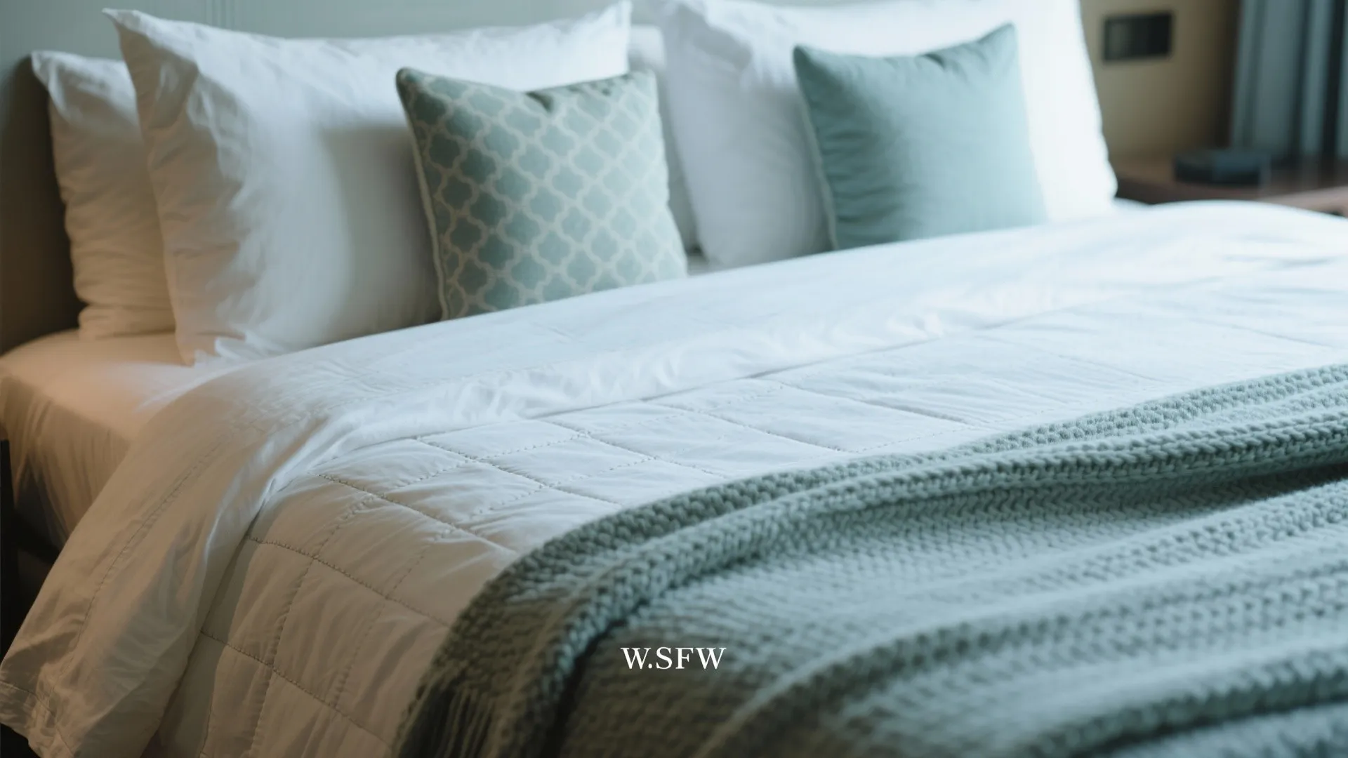 Close up of white bed pillows green patterned cushions and soft textured green knit blanket