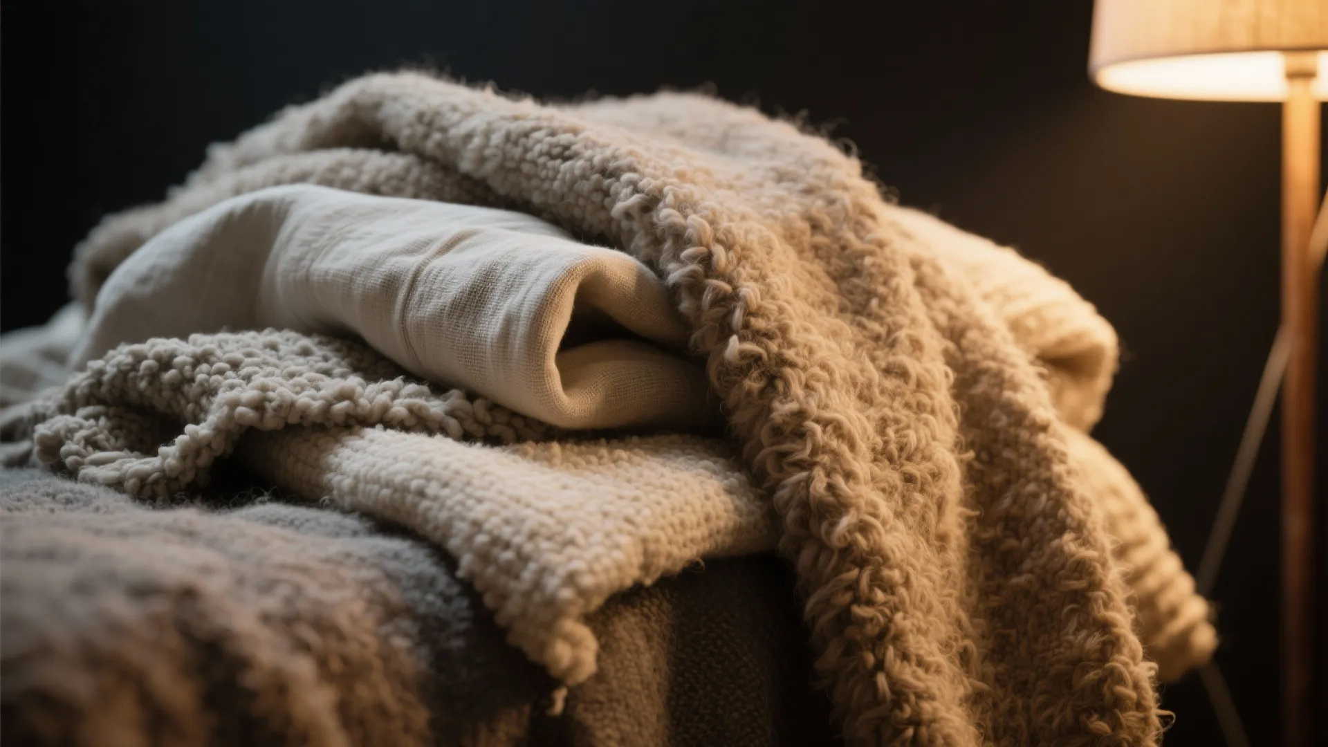 Close up of soft beige textured blankets and fabric layers illuminated by a warm floor light