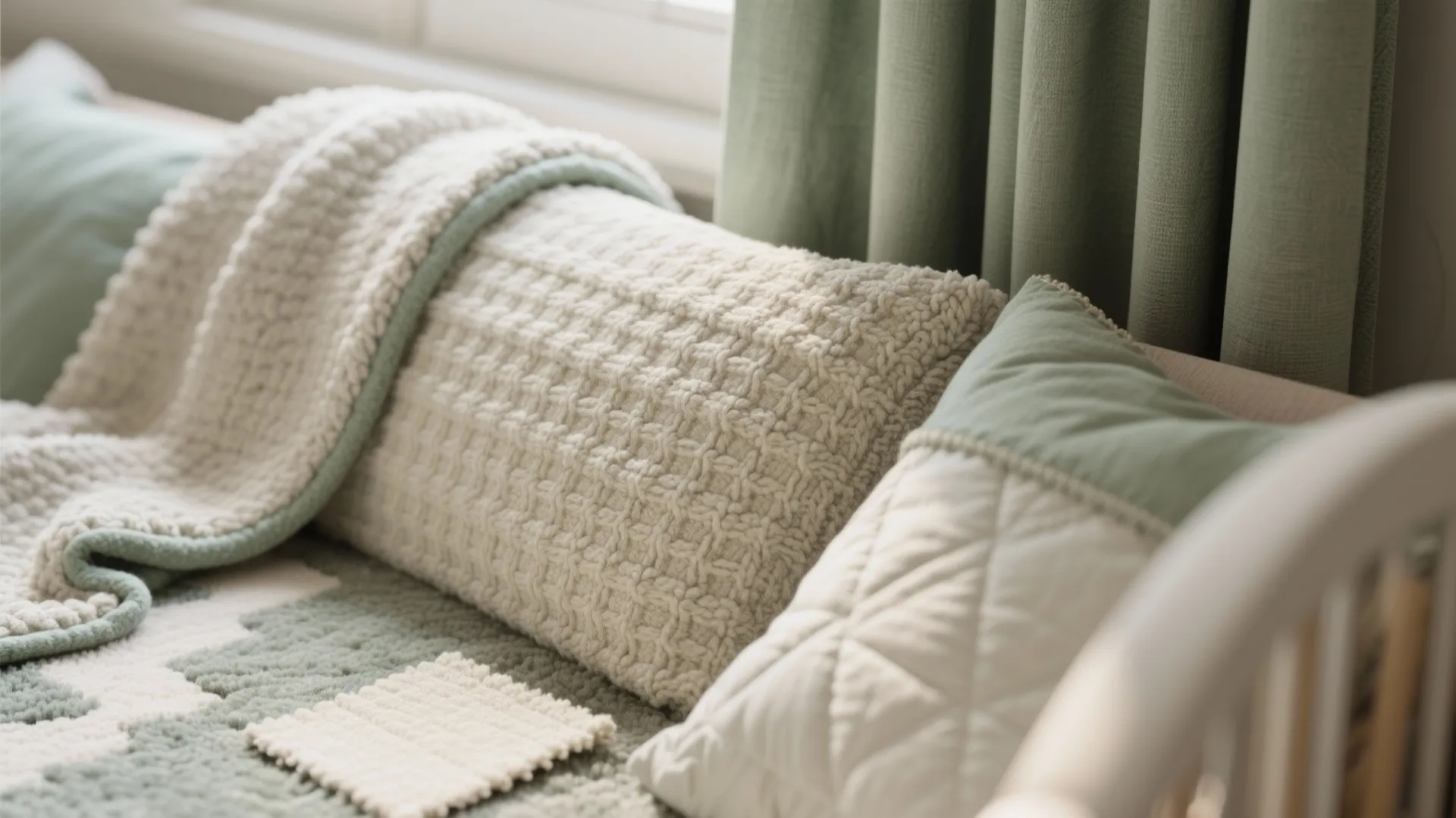 Close up view of soft green and white textured pillows and blanket in a crib