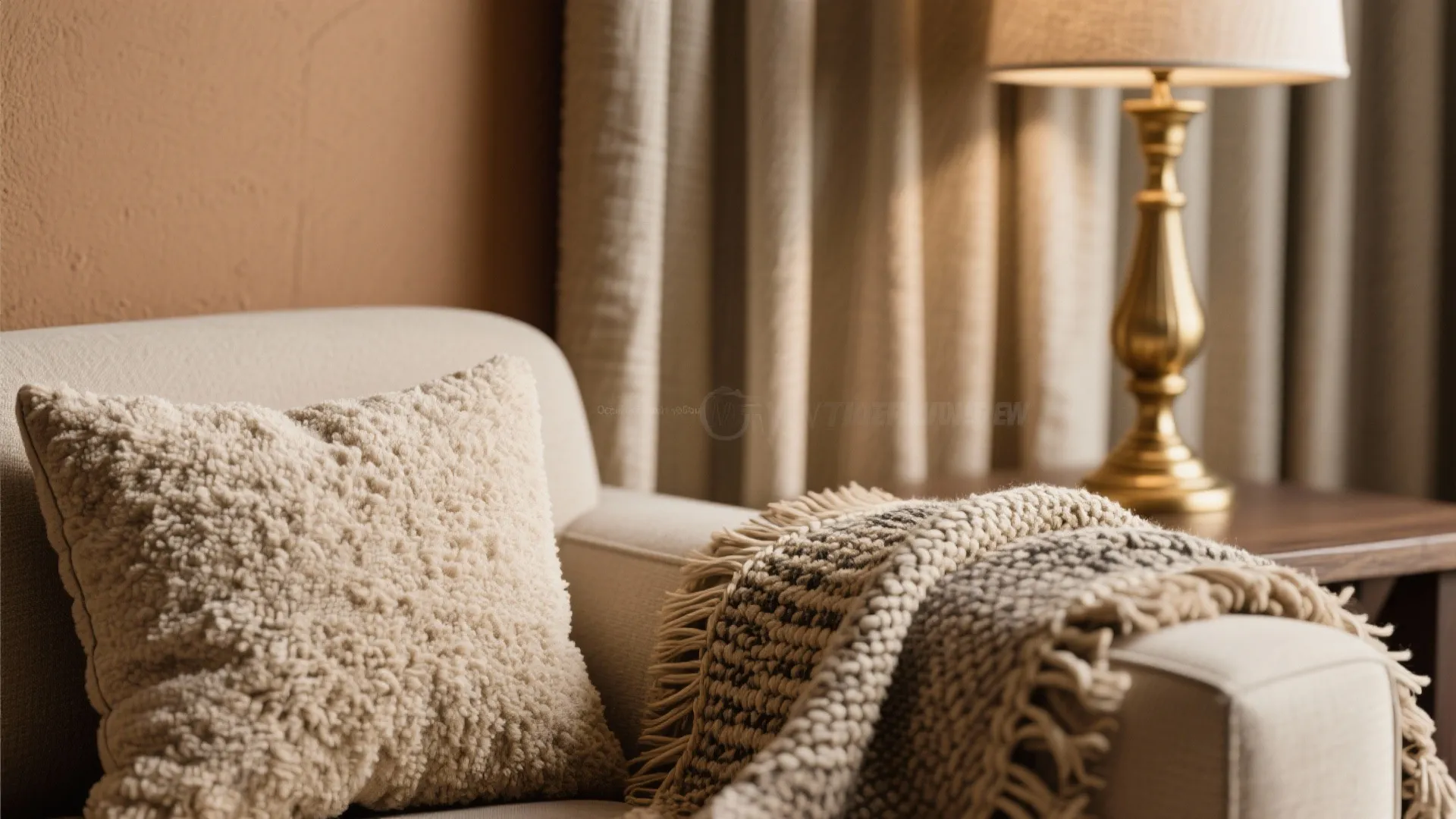 Macro close-up of bouclé cushion, woven rug and linen curtain against a light brown wall.