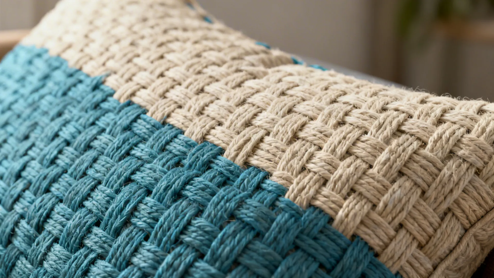 Macro close-up of a patterned cushion that unifies two colours and a neutral through texture.