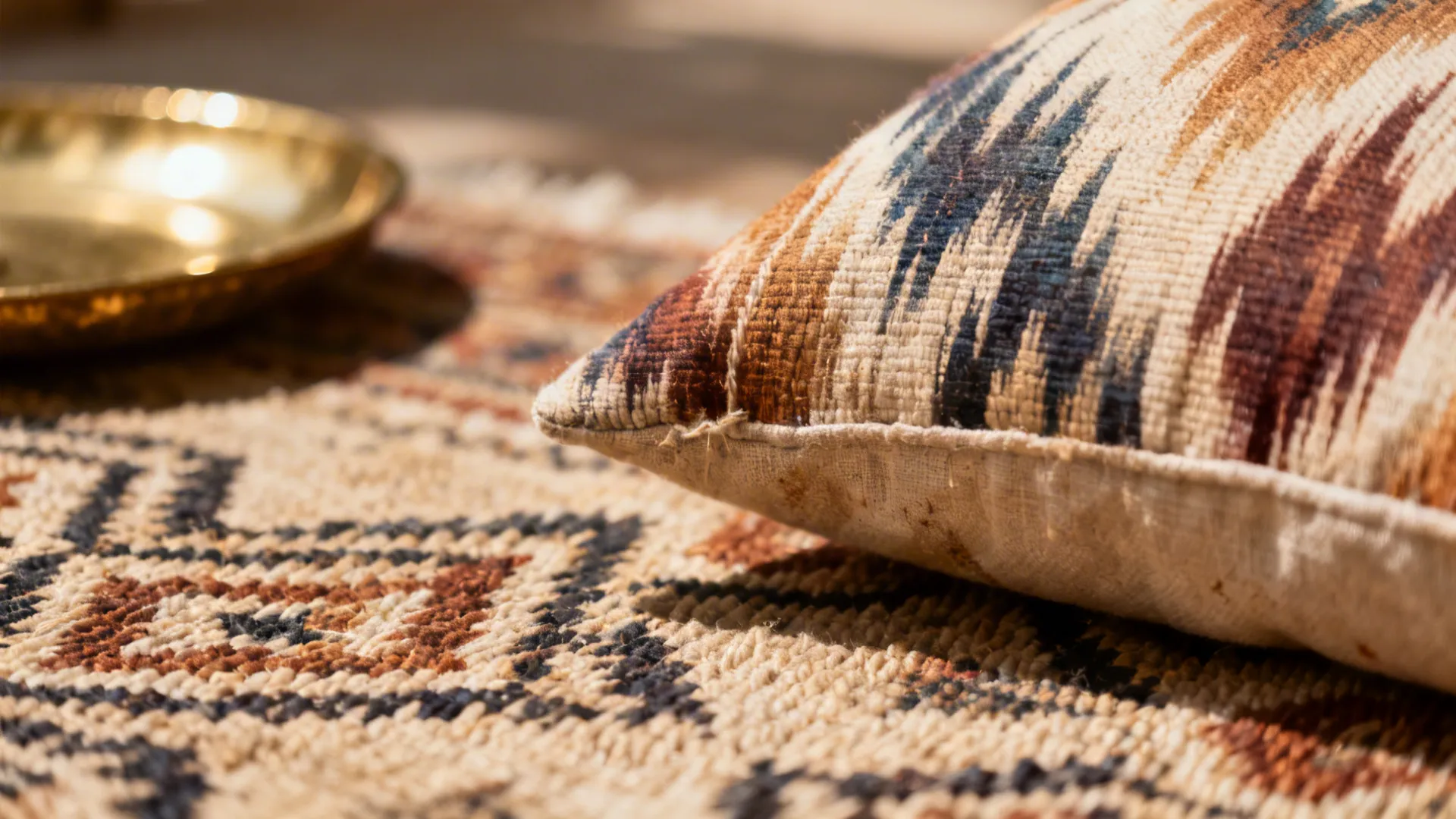 Close-up of block-printed rug and ikat cushion showcasing handloom texture