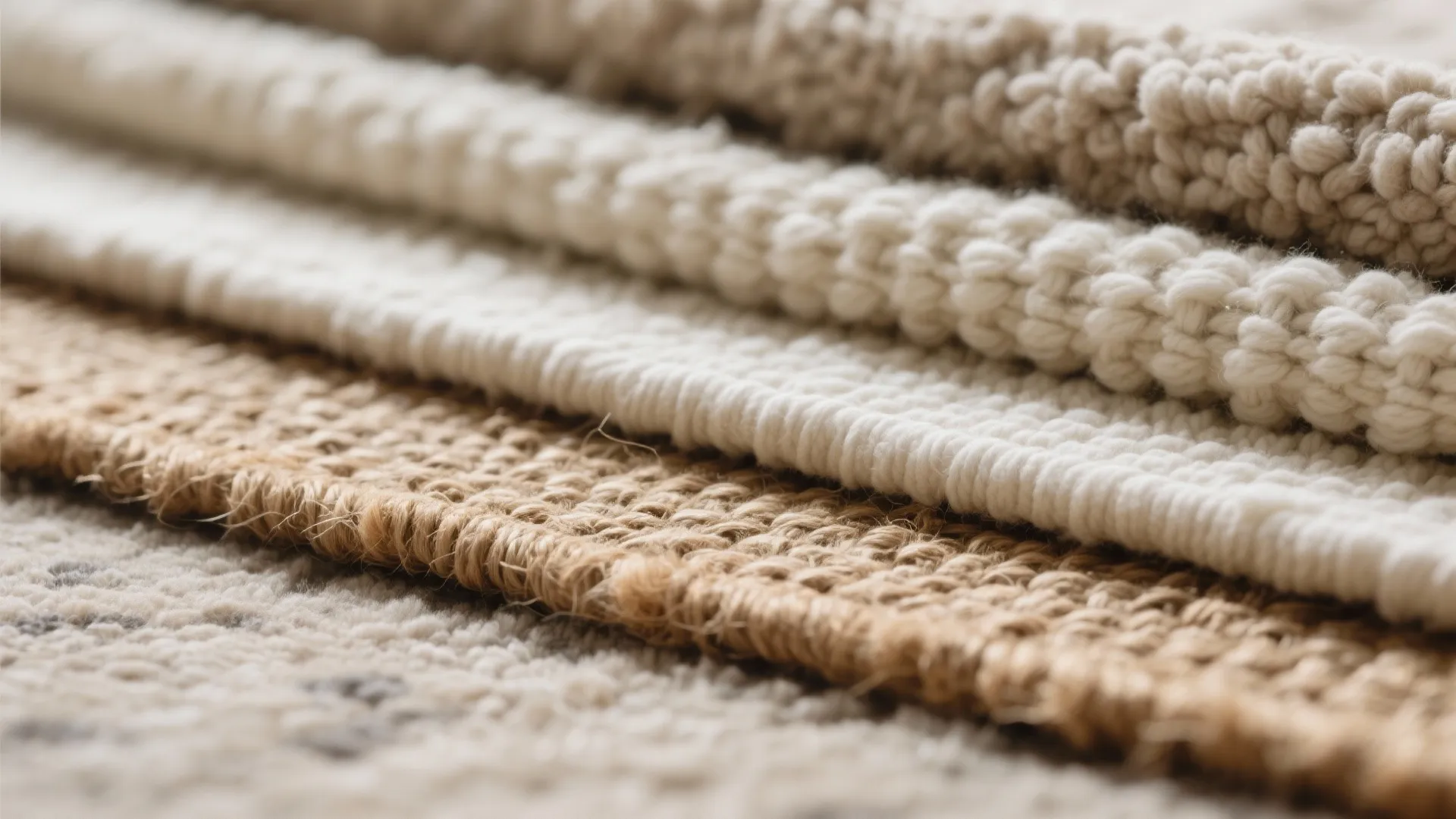 Macro of boucle, cotton, and jute layers showing rich fiber textures and rug pad detail.
