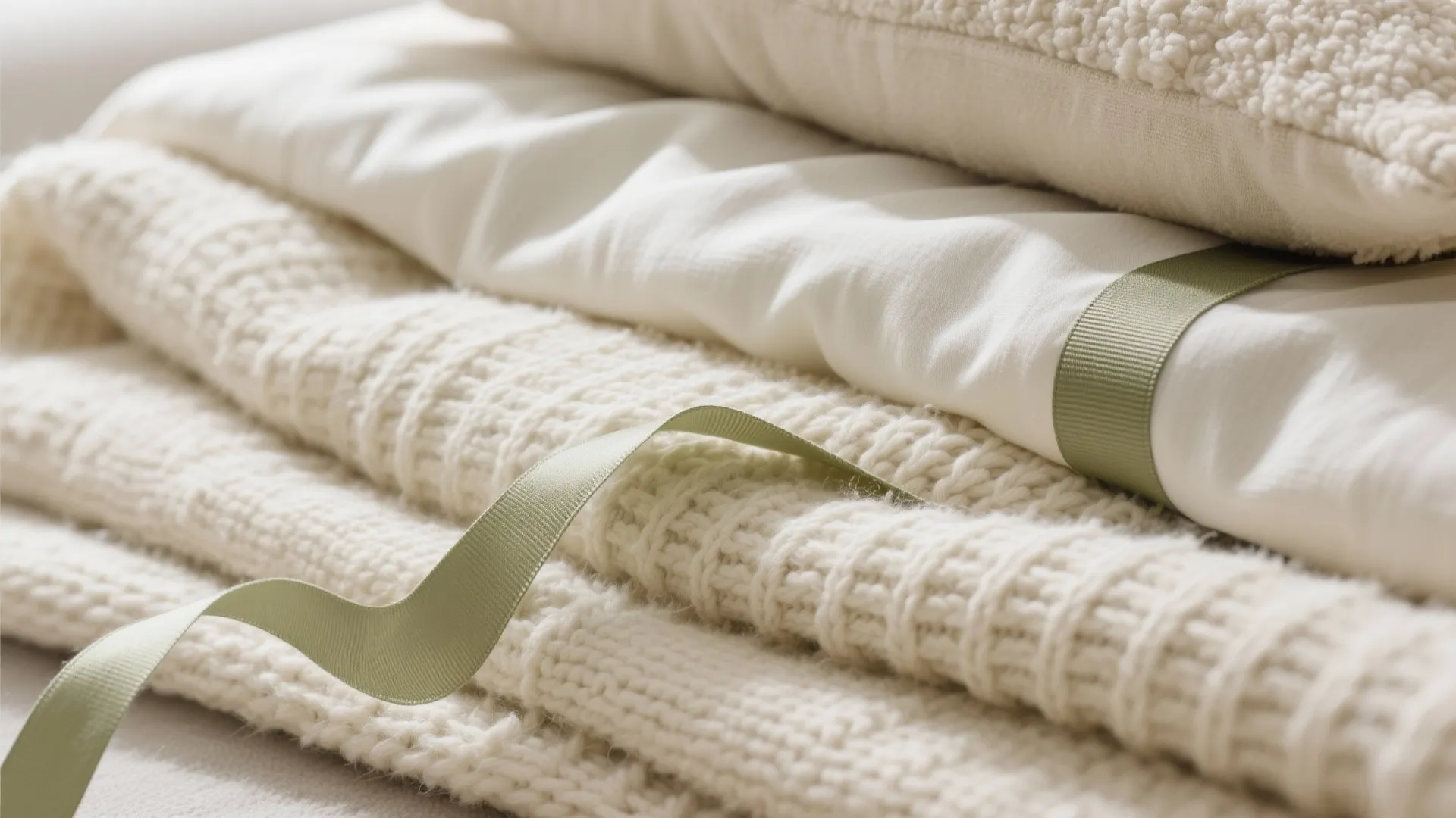 Stack of folded white knit blankets and soft pillows decorated with a light green ribbon