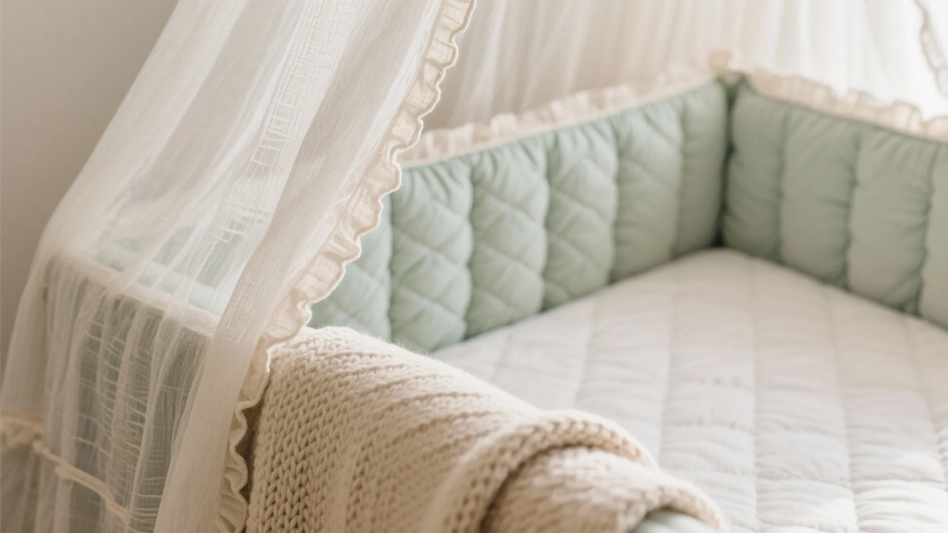 Baby bed with green padded sides white hanging canopy and soft knitted blanket in nursery