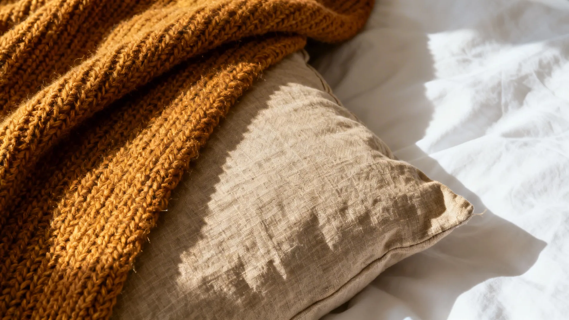 Macro of a whiskey wool knit throw layered over a natural linen pillowcase, showing rich texture.