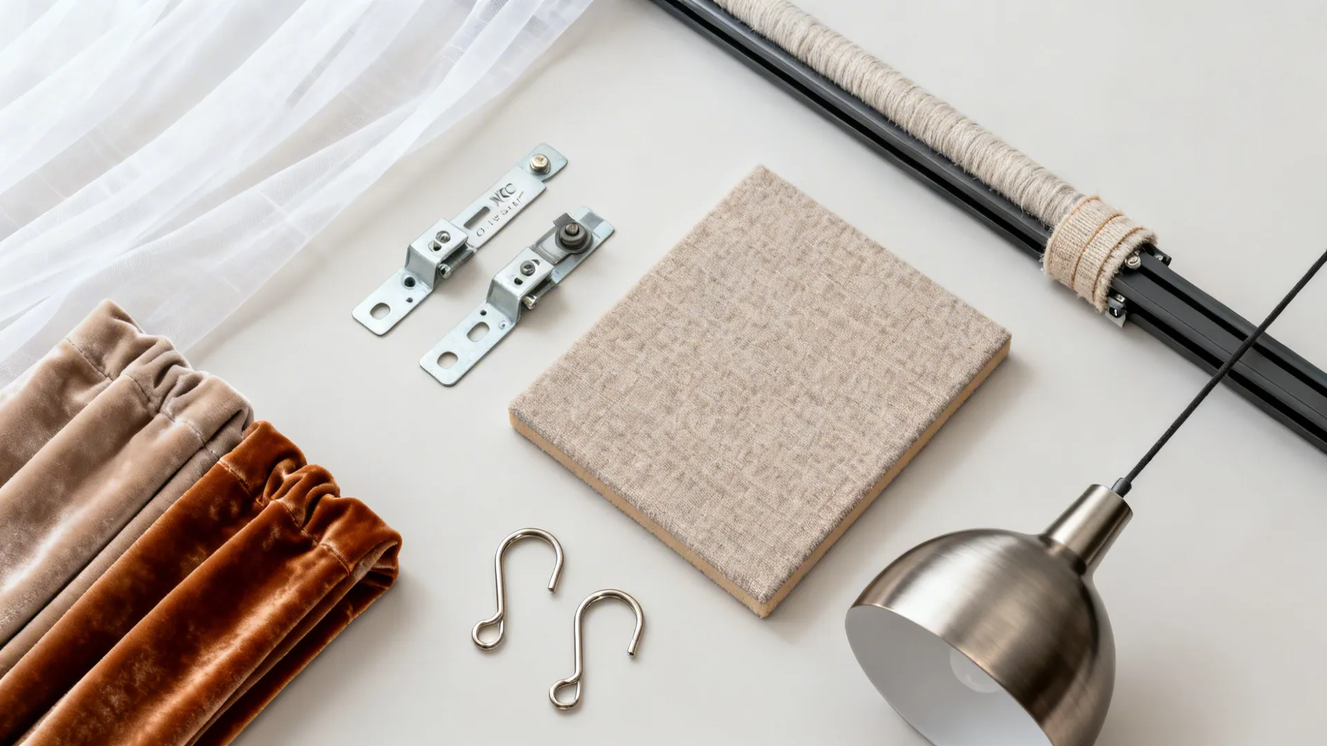 Flat lay of sheer and velvet fabrics, acoustic panel sample, and ceiling track hardware for soft partitions.