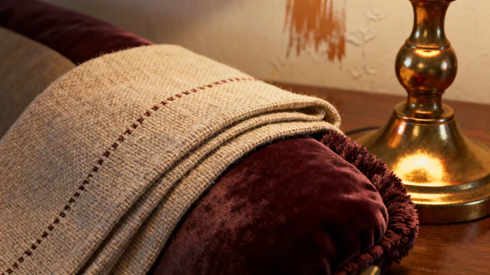 Beige textured blanket folded on dark purple velvet pillow next to a golden table lamp