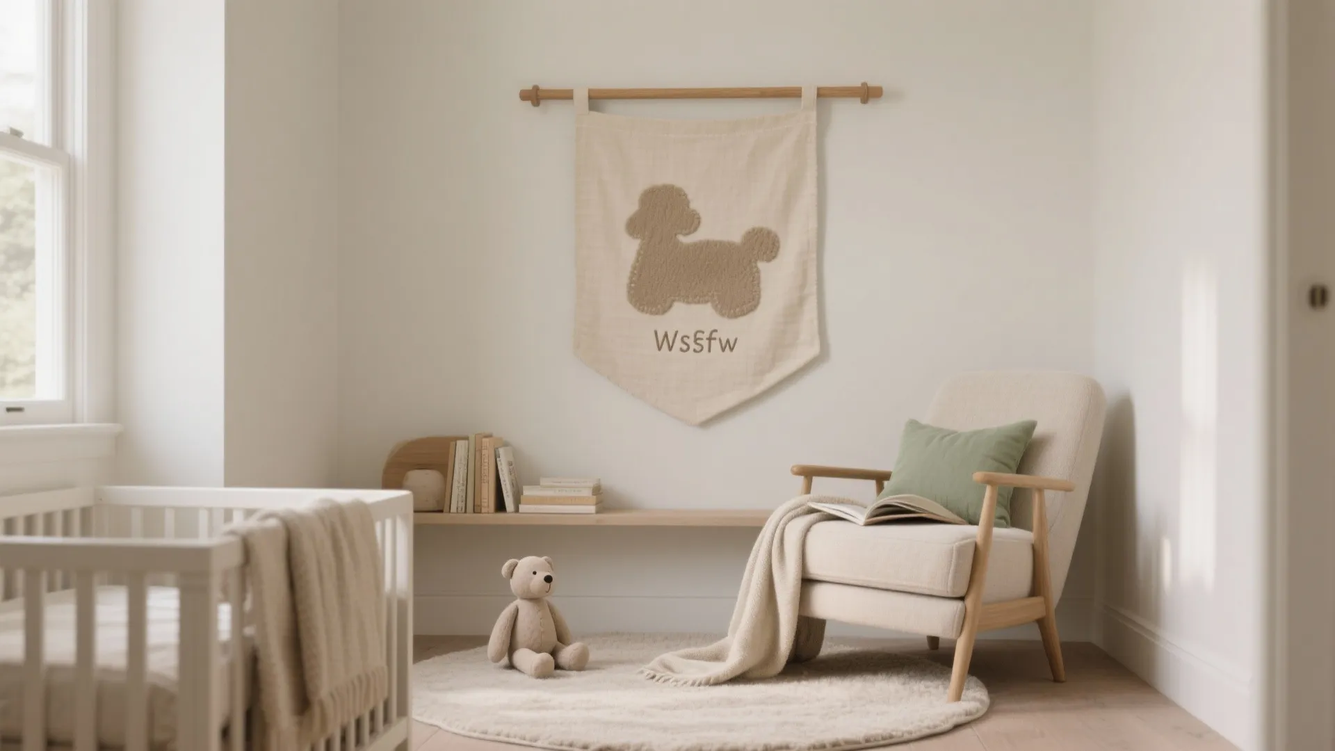 Linen banner with embroidered name silhouette on a peg rail above a cozy reading nook in a tiny nursery.