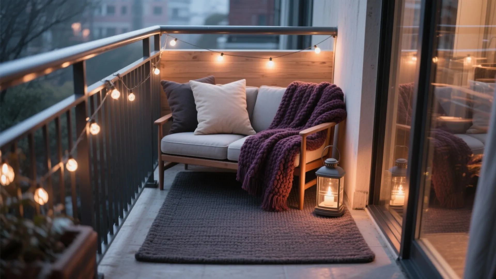 Cozy balcony with wooden sofa purple blanket grey rug string lights and a candle lantern