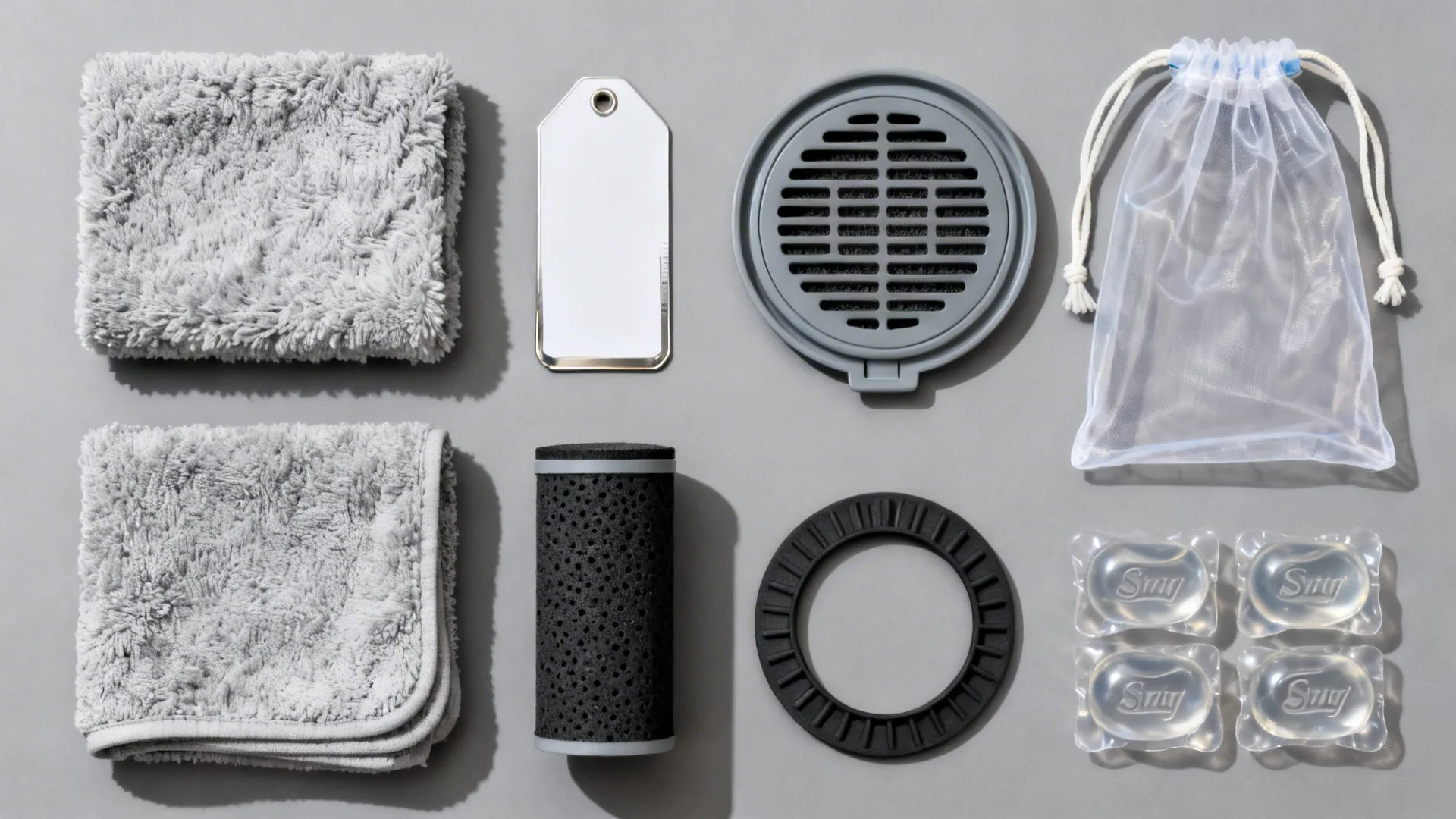 Cleaning kit items including grey towels white tag filter parts mesh bag and four pods