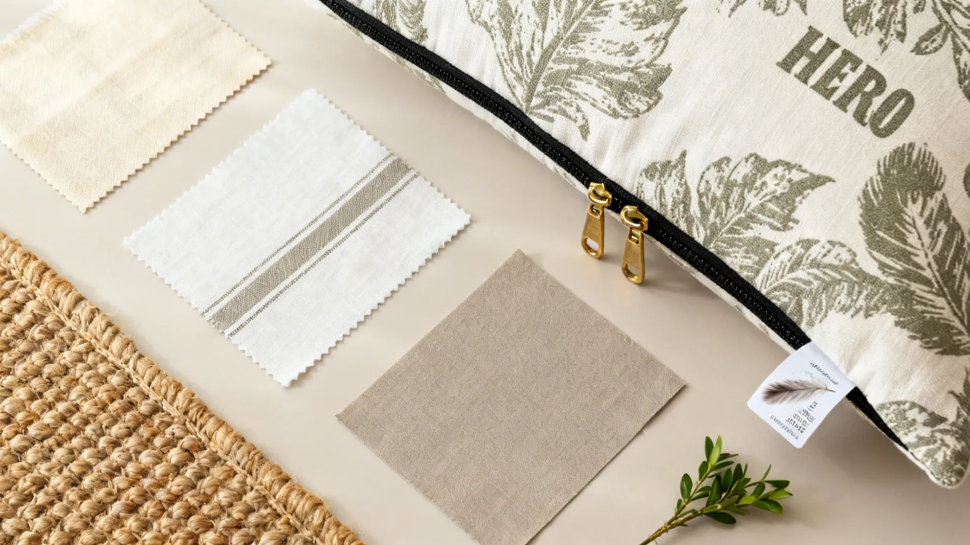 Flat lay of linen swatches, patterned and solid fabrics, jute rug, and pillow insert details.