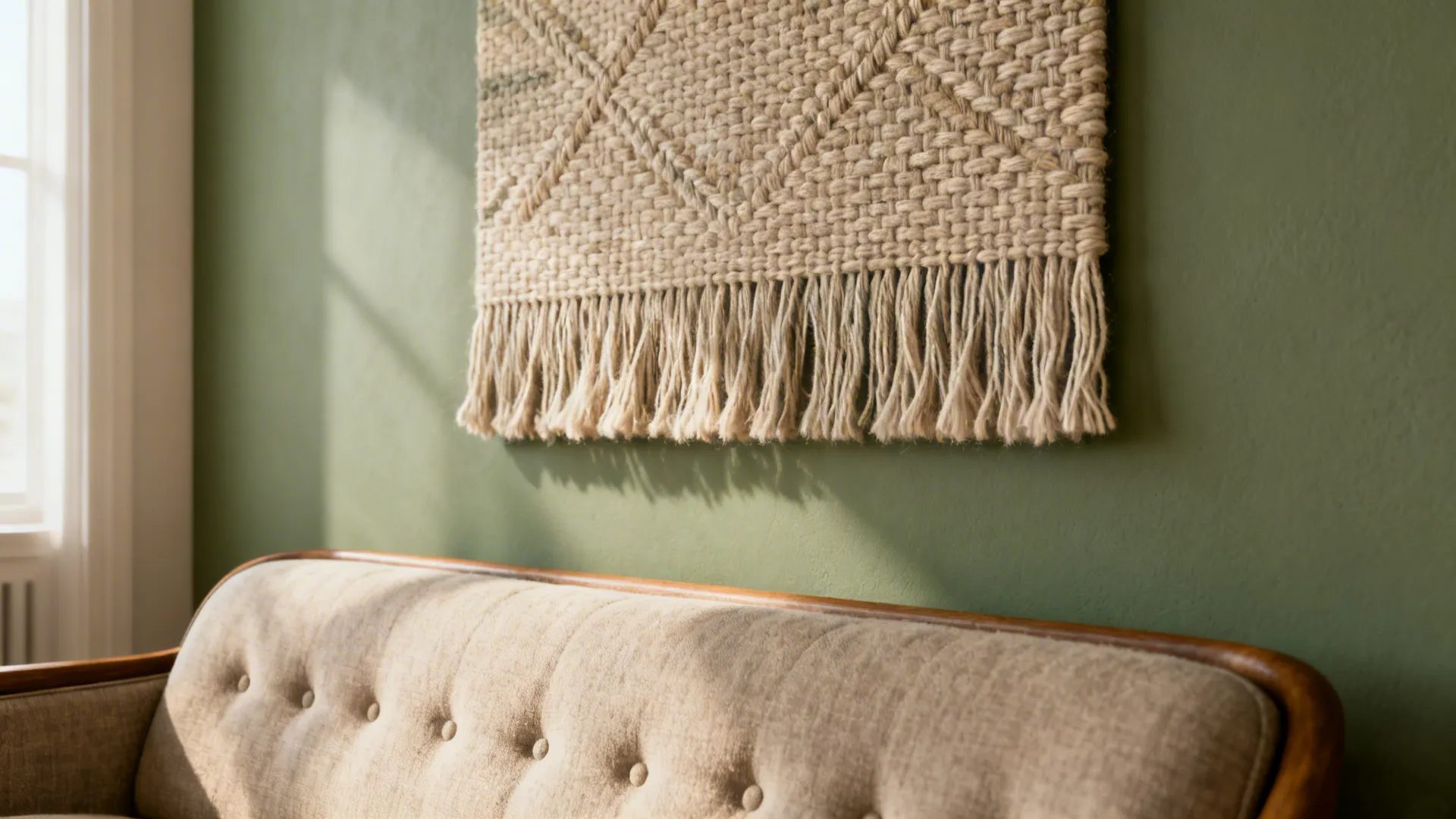 Handwoven wool textile panel with visible tufting on a sage green wall above a mid-century sofa