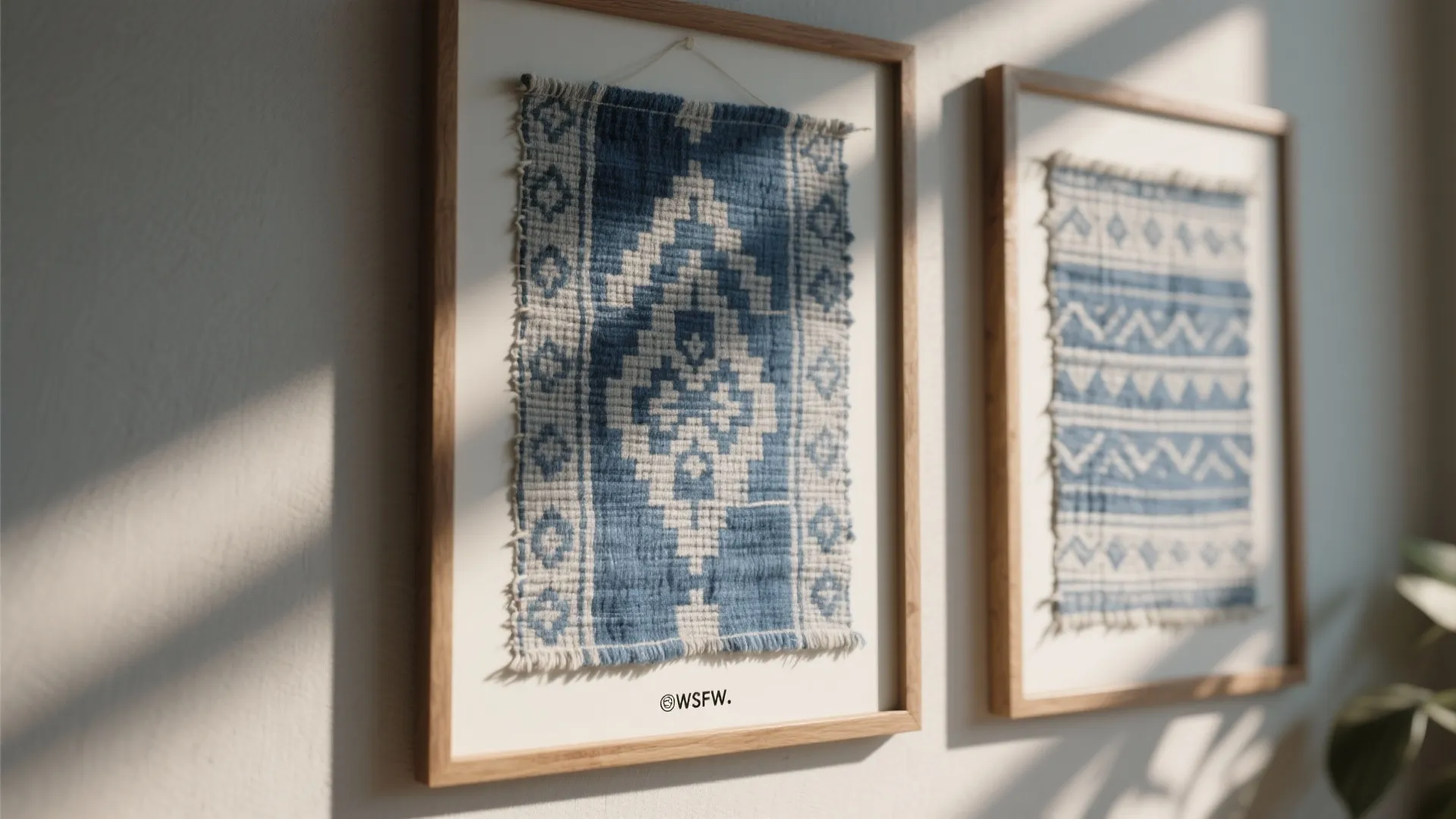 Framed blue-and-gray textile panels showing fabric texture and wooden frames