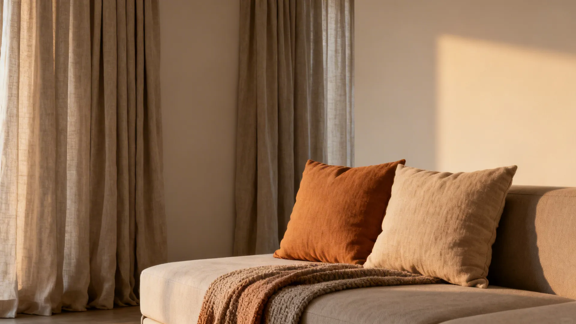 Living room with high-and-wide curtains, neutral cushion covers, and a textured throw adding warmth and better proportions.