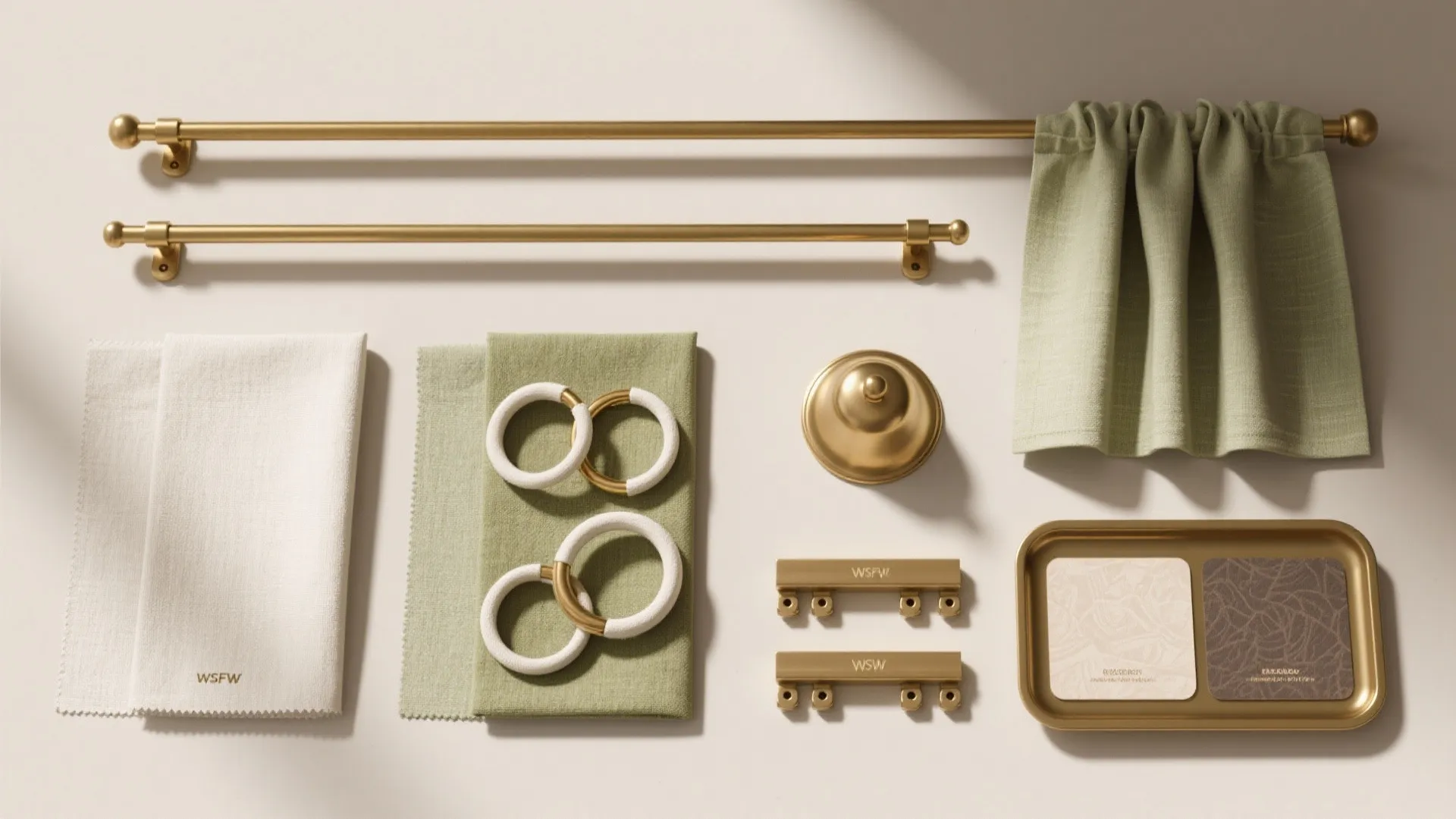 Gold metal curtain rods shown with green fabric samples and white rings on light background