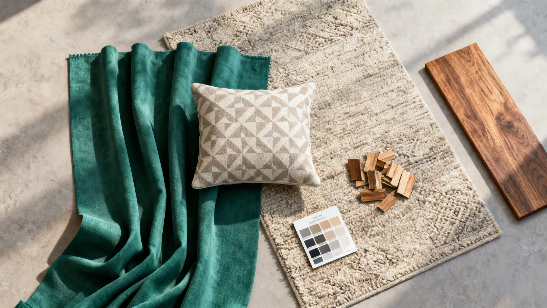 Top-down flatlay of emerald fabric swatch, small geometric cushion fabric and rug sample for pattern scale planning.
