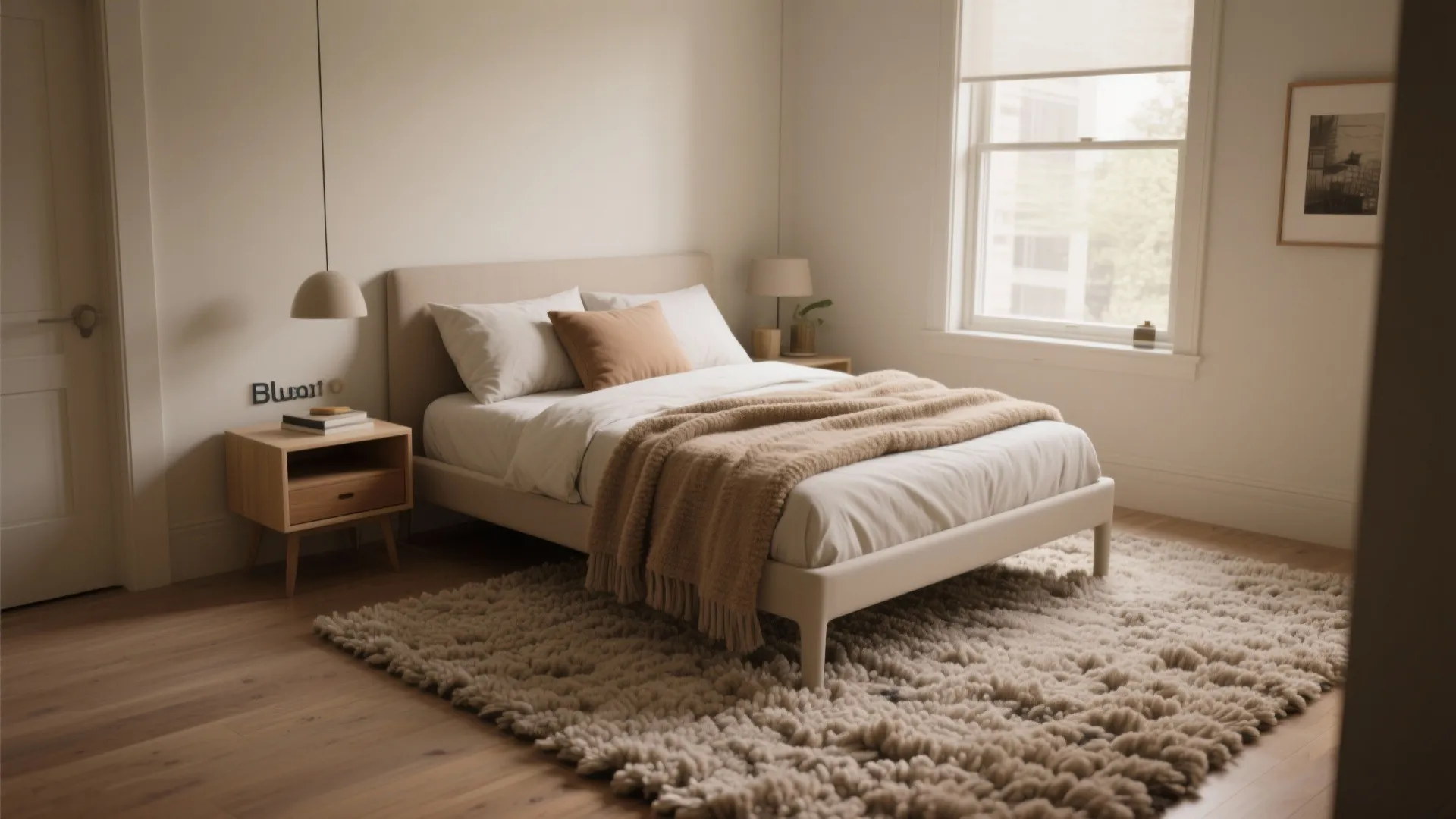 Small bedroom where an oversized rug and plush throw soften a Blu Dot bed's geometric lines.