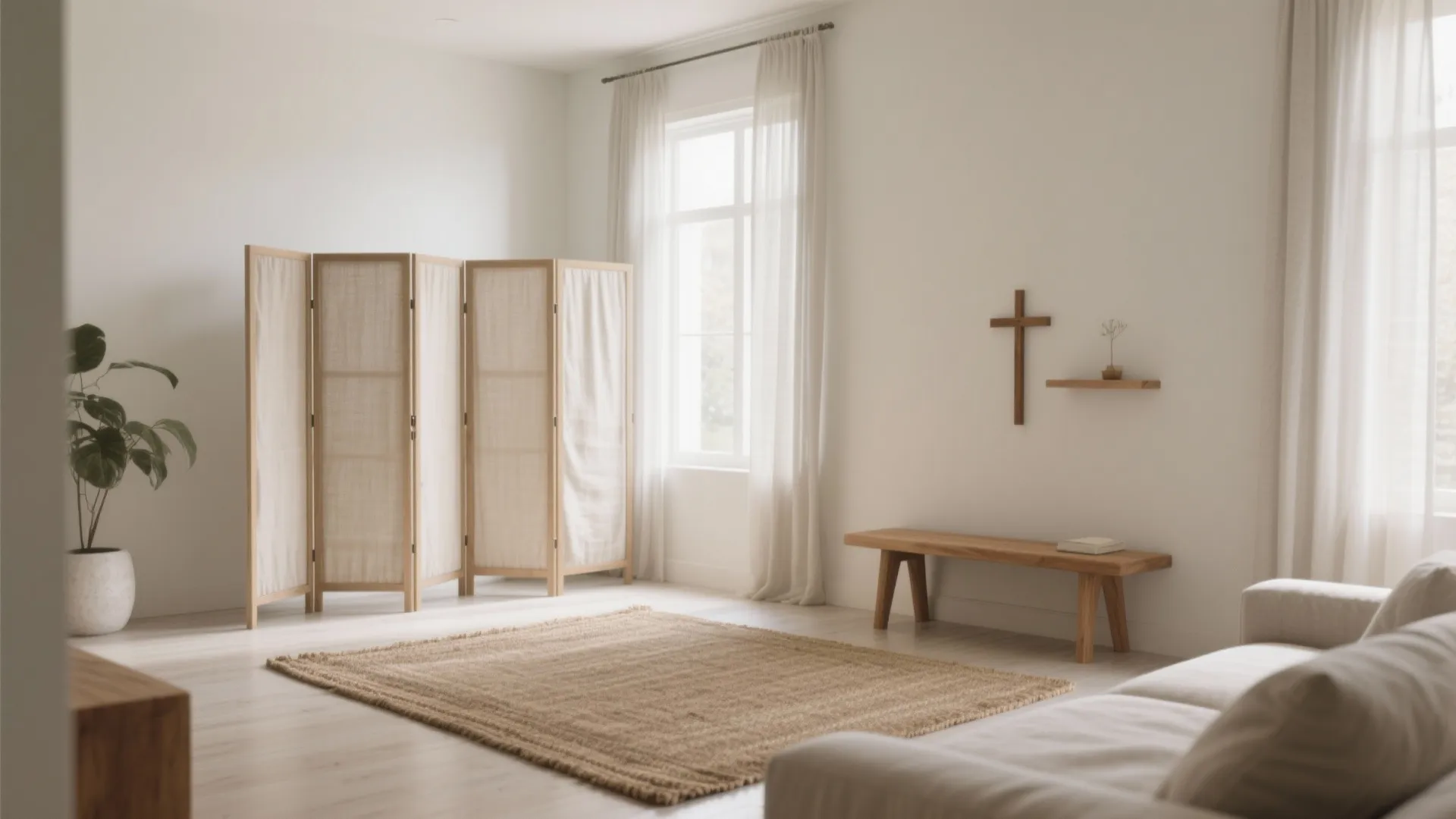 Bright room with folding divider, wooden bench, wall cross, rug, plant, and white window curtains