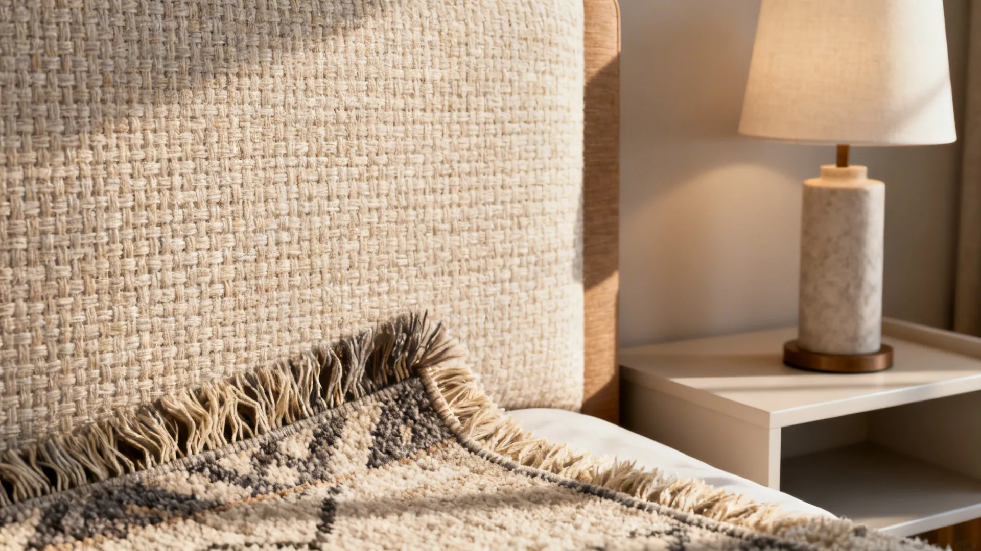 Close-up of headboard fabric, rug corner and bedside lamp as cost-effective updates.