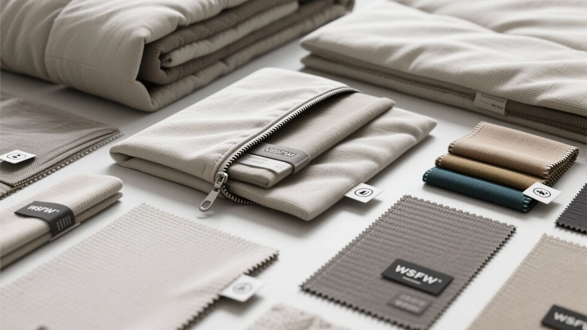 Flatlay of machine-washable textile swatches and removable sleeper sofa covers with close-up texture detail.