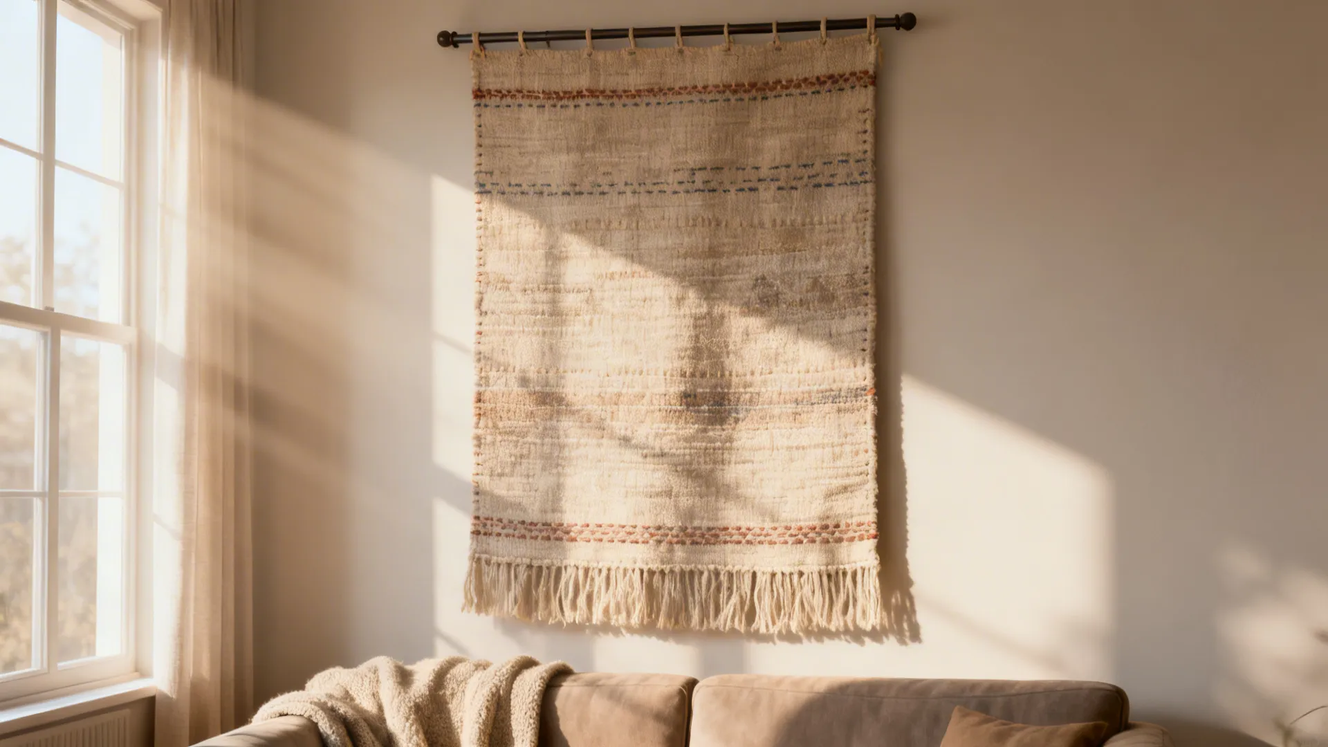 Large tapestry above a couch showing fabric texture and a slim hanging rail.